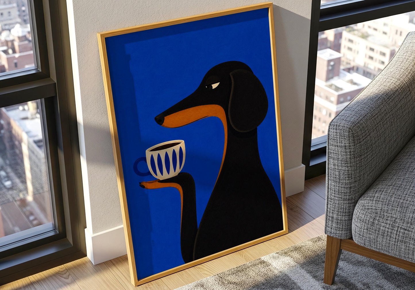 Modern sausage dog artwork with bold blue background and coffee mug for gallery wall décor.
