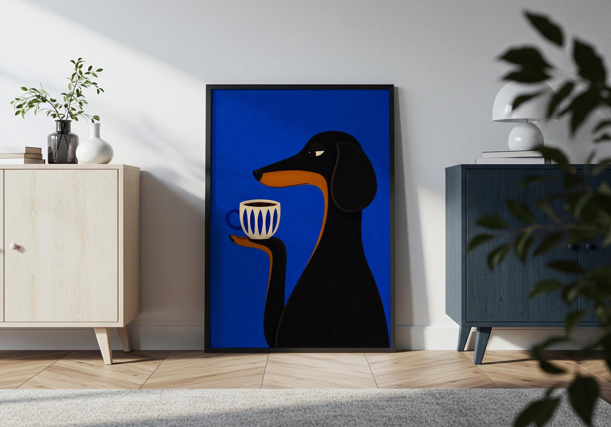 Contemporary pet wall art print perfect for offices, reading nooks and coffee corners.
