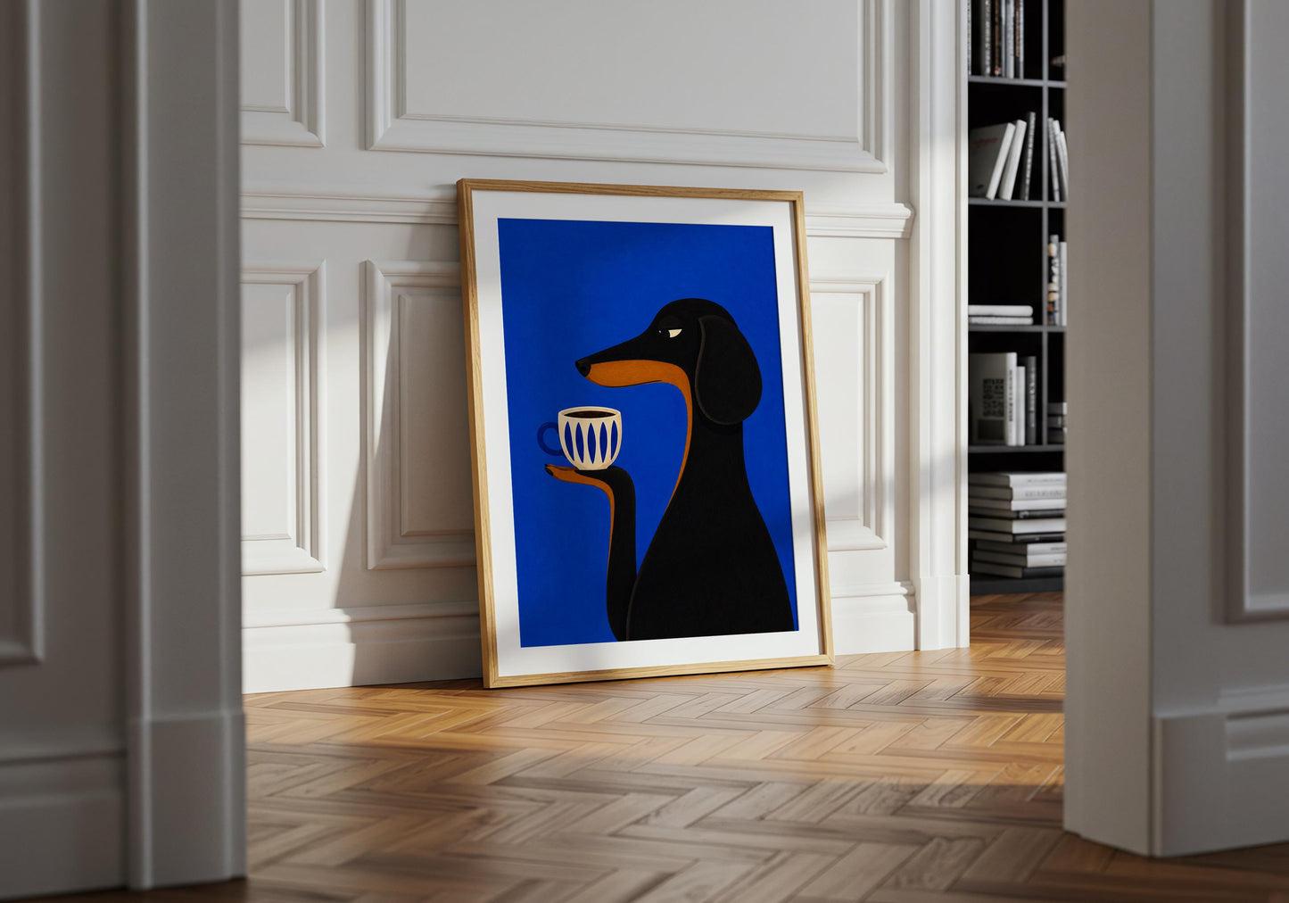 Bold blue dog illustration with minimalist design, ideal as a gift for dachshund owners and modern home décor enthusiasts.