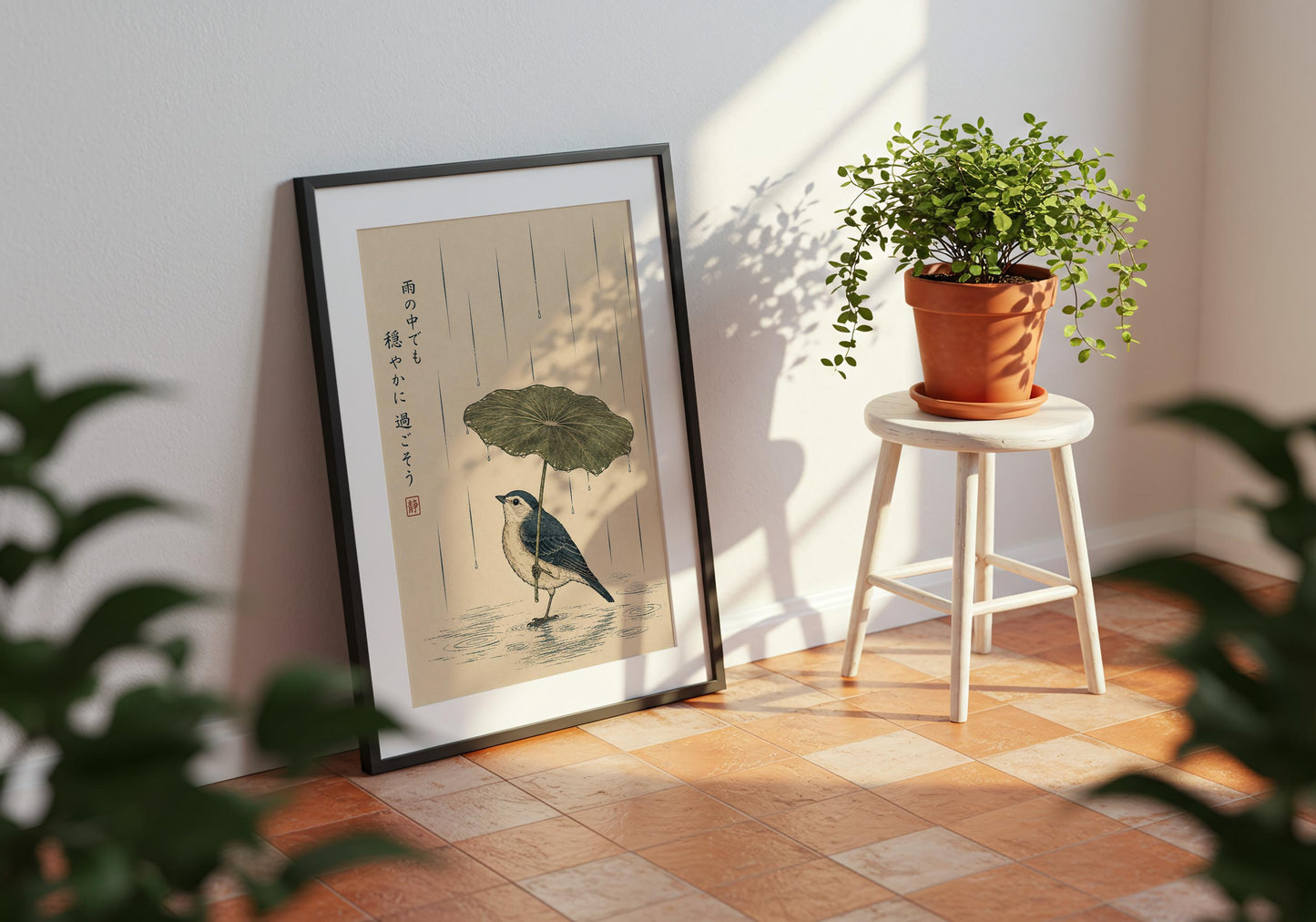 Minimalist Japanese wall art with delicate bird illustration, soft neutral colours and calming Zen-inspired design.