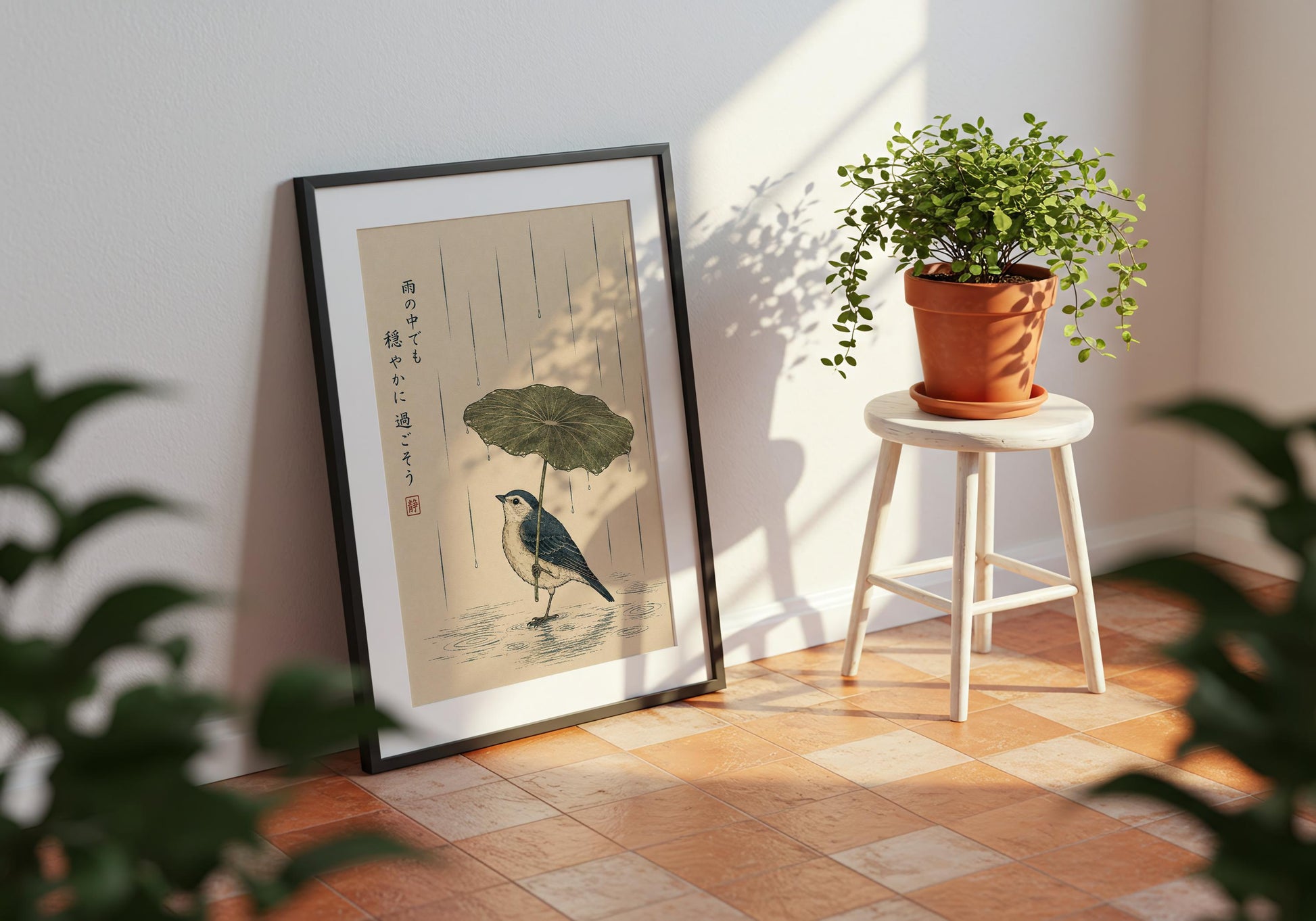 Minimalist Japanese wall art with delicate bird illustration, soft neutral colours and calming Zen-inspired design.