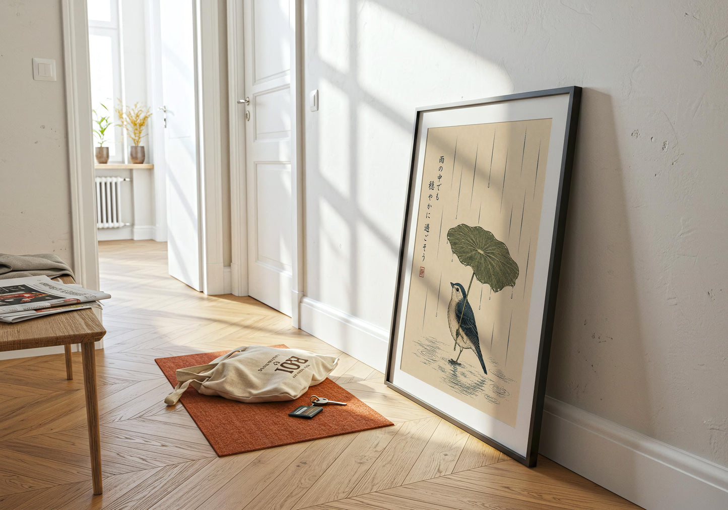 Japanese botanical wall art with bird illustration, rainfall and meaningful mindfulness message for calming home décor.
