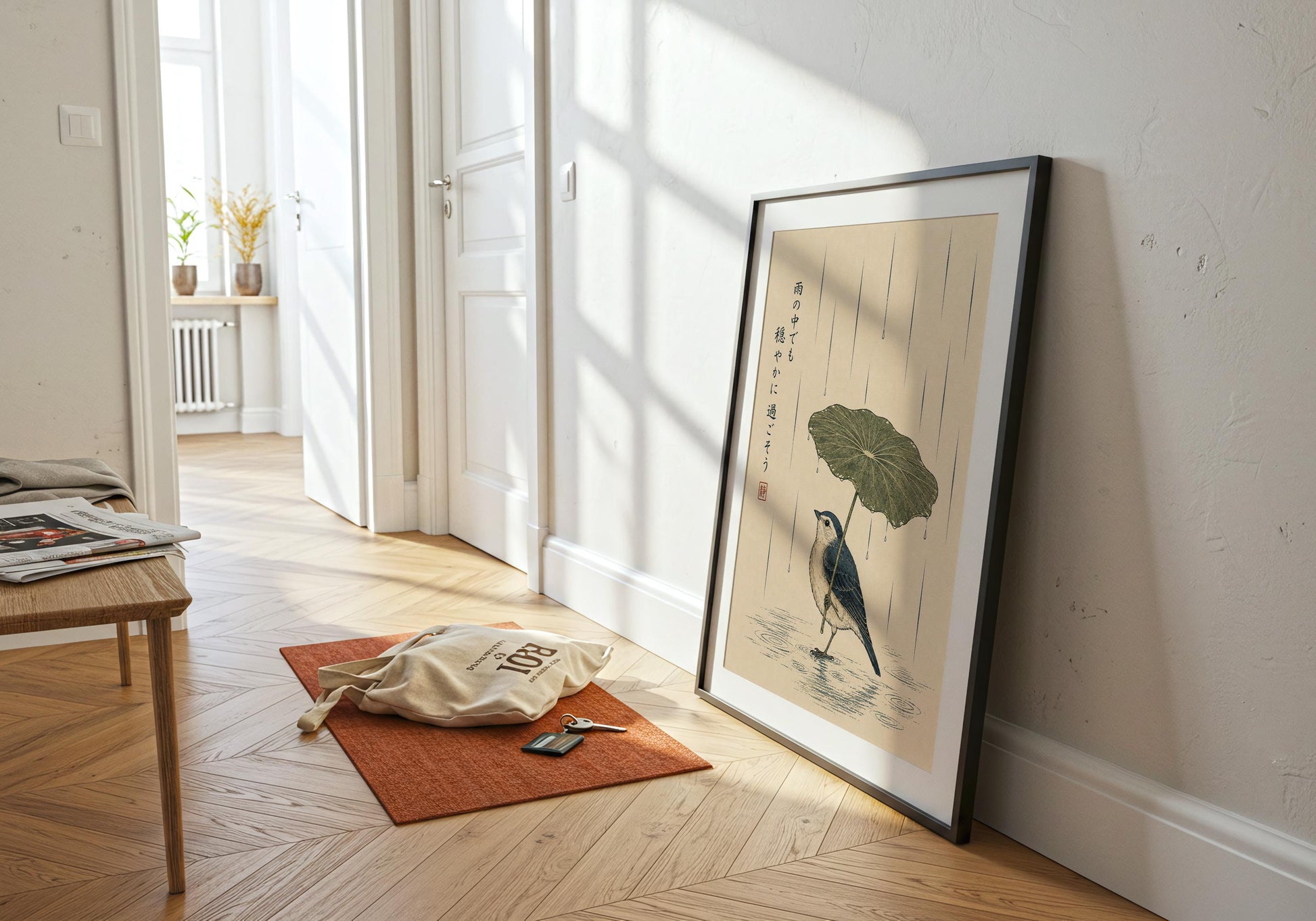 Japanese botanical wall art with bird illustration, rainfall and meaningful mindfulness message for calming home décor.
