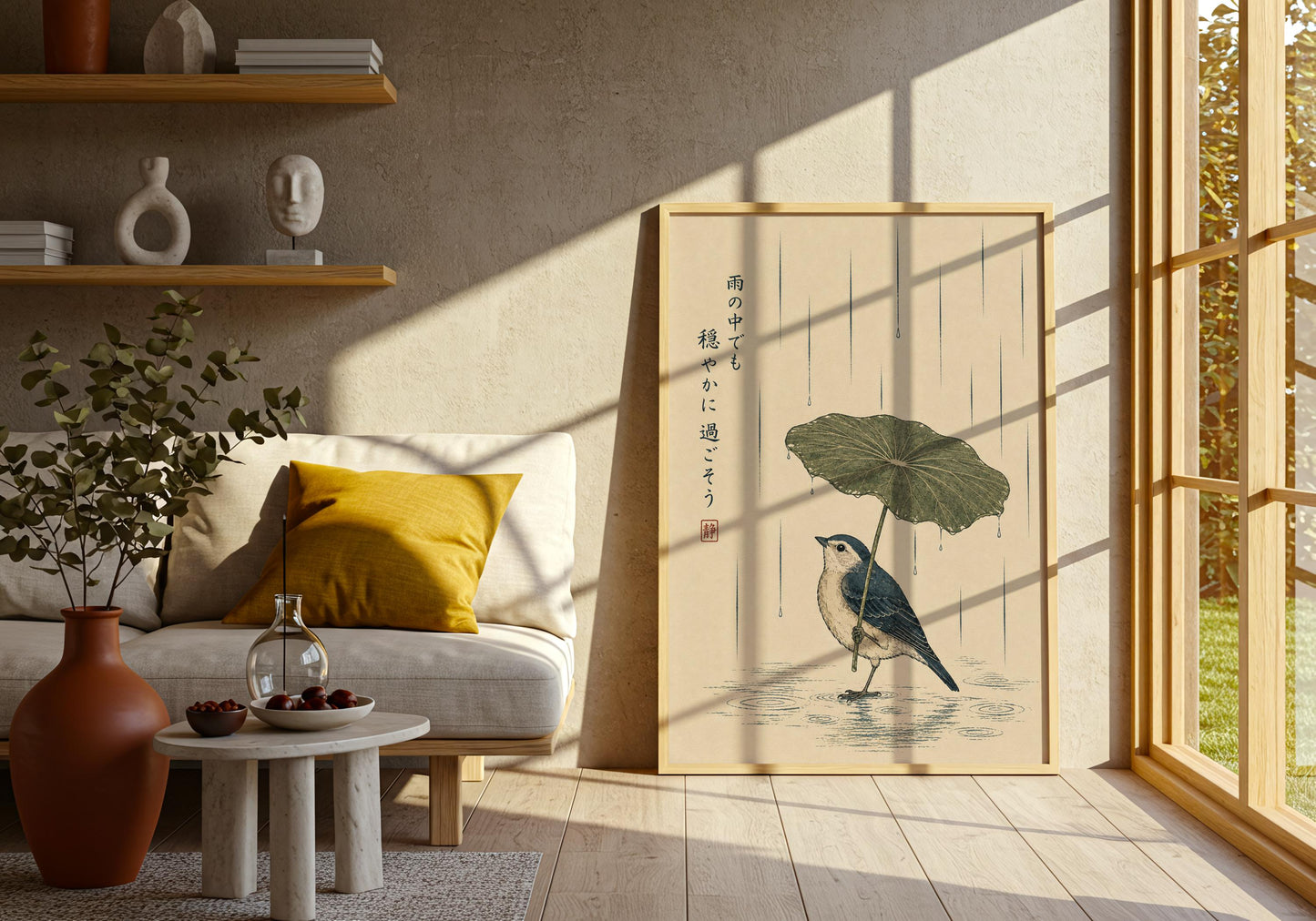Nature-inspired Japanese art print featuring a peaceful bird under a lotus leaf with elegant Japanese calligraphy.