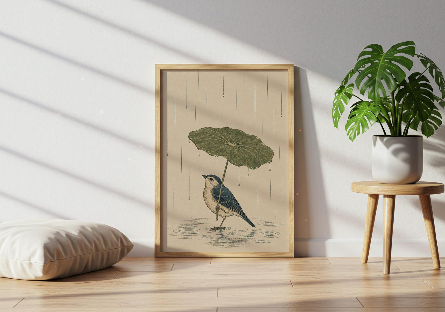Zen-inspired bird artwork featuring soft neutral colours, rainfall and calming botanical details.