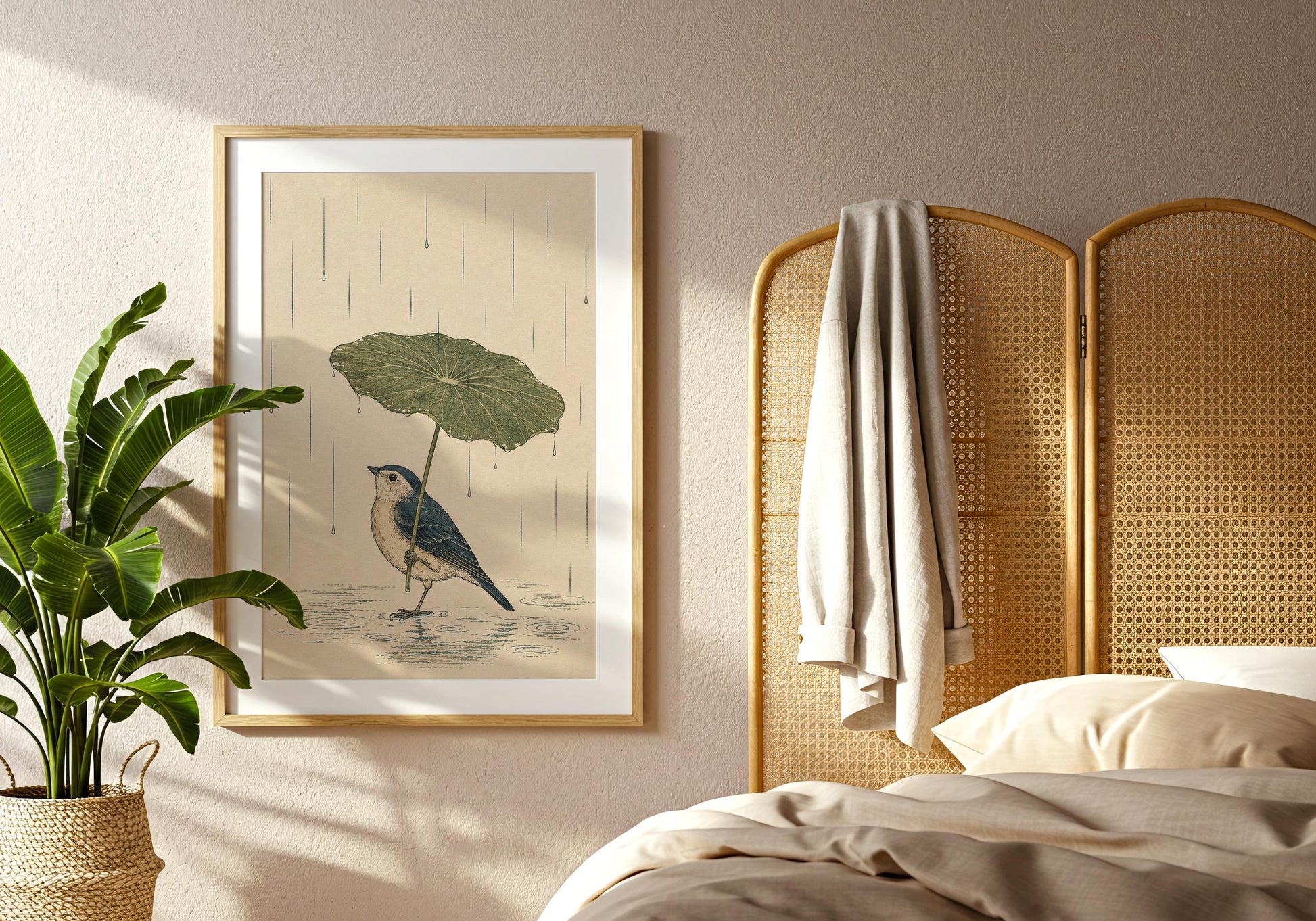 Peaceful nature wall art with bird illustration, soft rain and botanical lotus leaf for calming home décor.