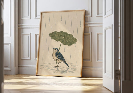 Minimalist bird wall art featuring a small bird sheltering beneath a lotus leaf during gentle rainfall in a Japandi-inspired design.