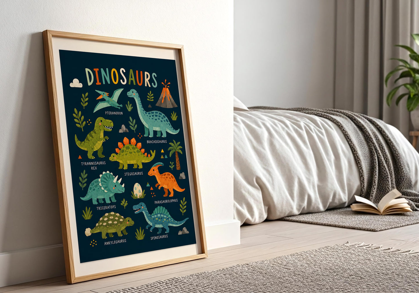 Navy dinosaur nursery print styled in a bright neutral children's bedroom with natural wood accents.