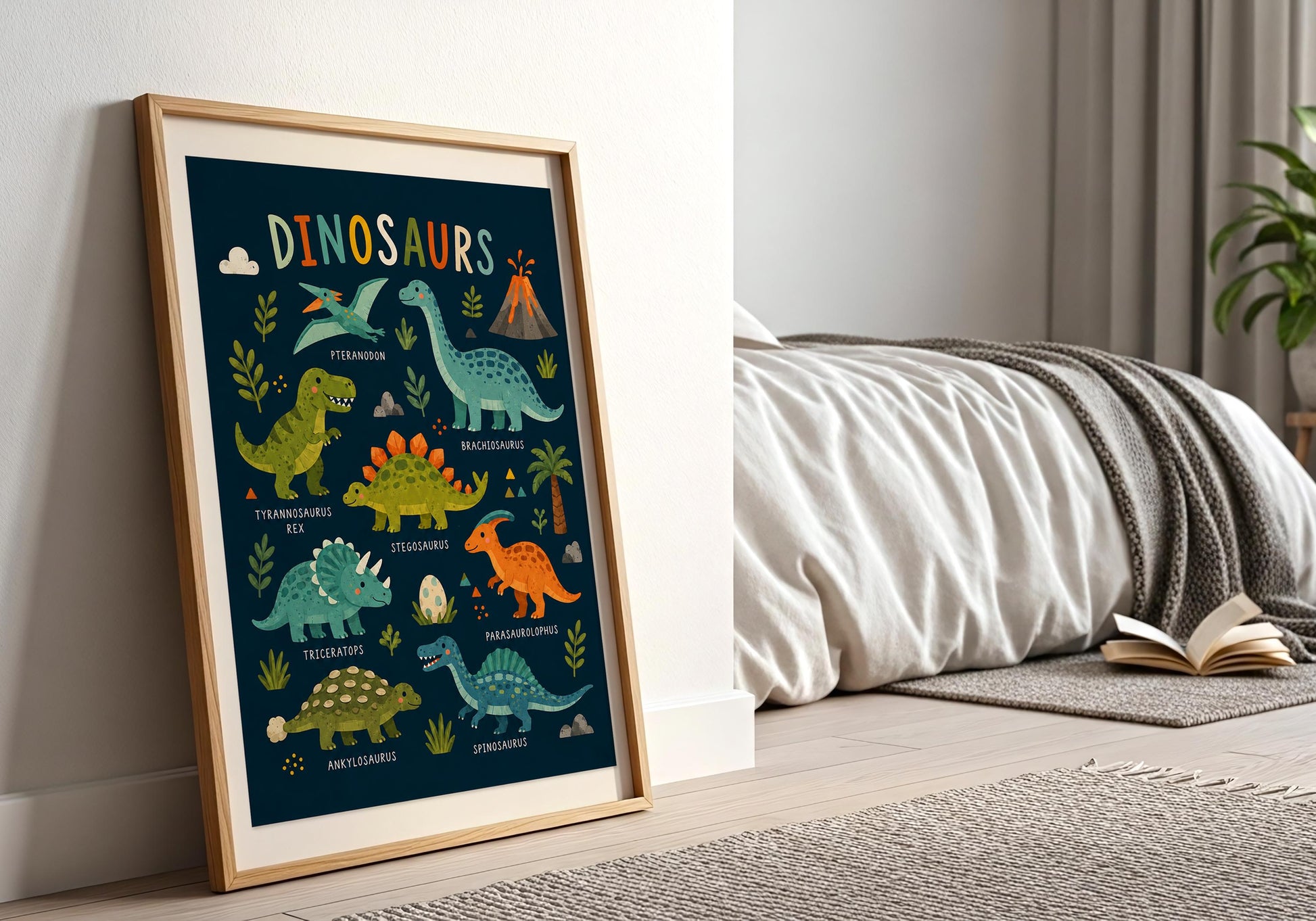 Navy dinosaur nursery print styled in a bright neutral children's bedroom with natural wood accents.