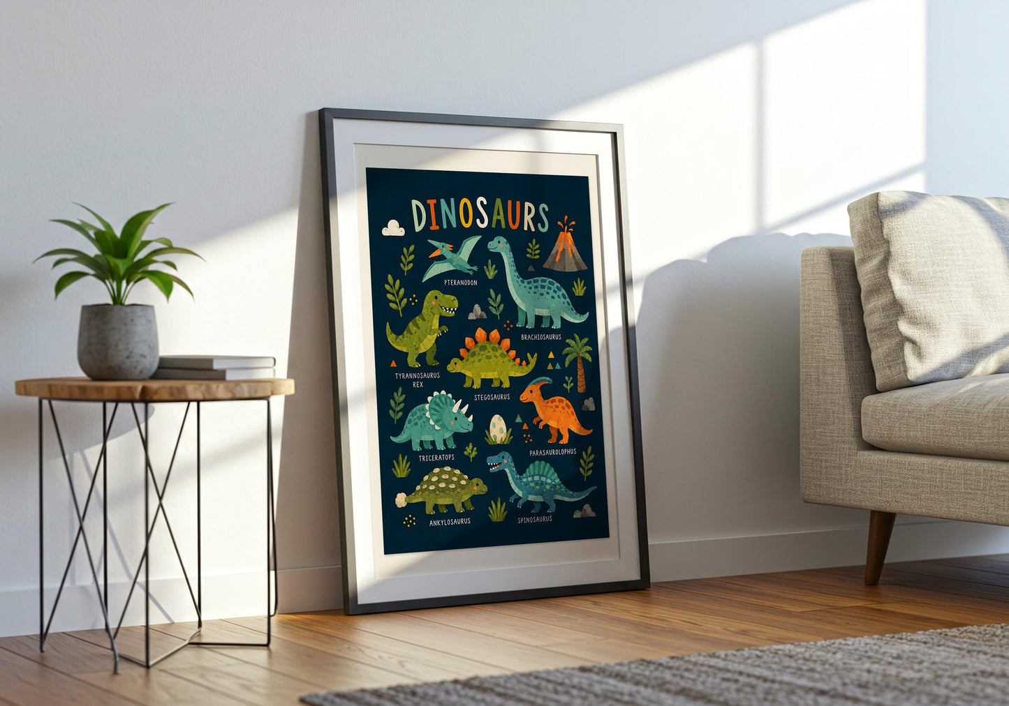 Illustrated dinosaur poster featuring Tyrannosaurus Rex, Brachiosaurus, Stegosaurus, Triceratops and other dinosaurs.