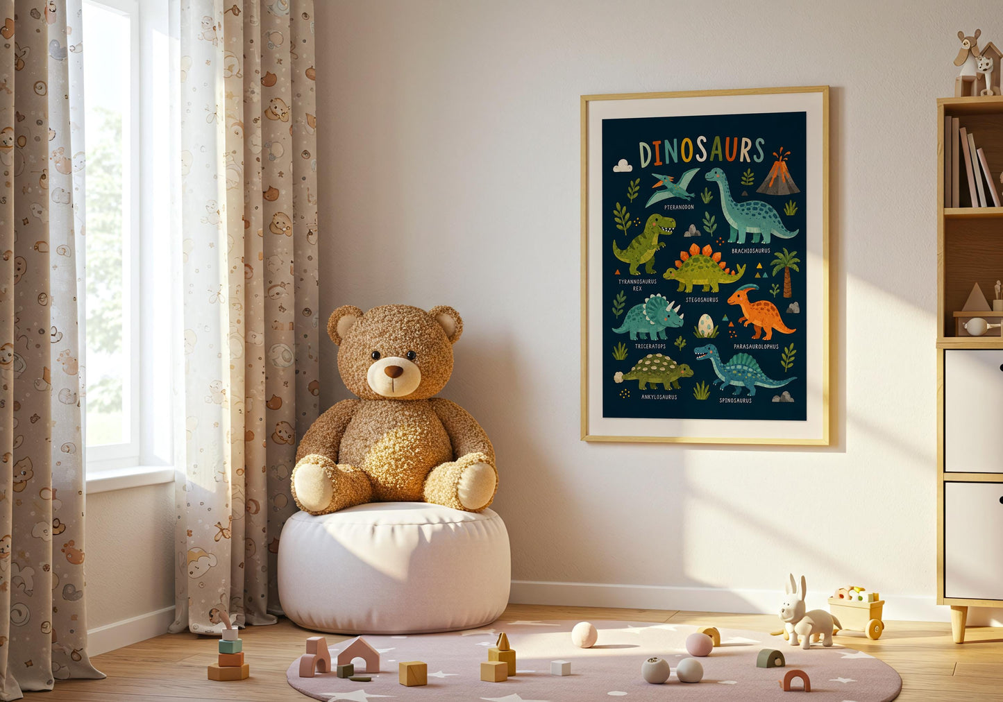 Educational-style dinosaur print with labelled prehistoric creatures and playful hand-drawn illustrations.