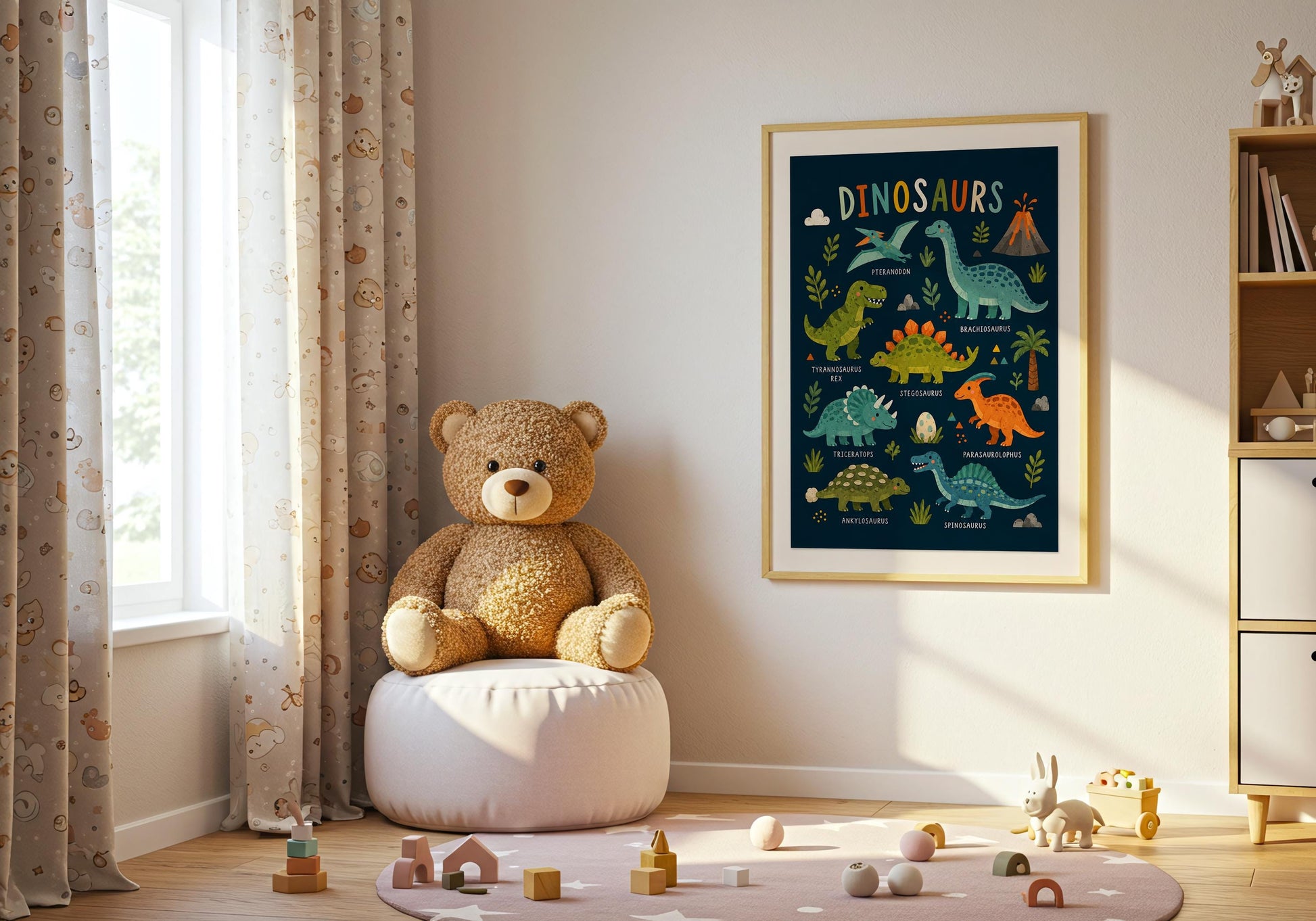 Educational-style dinosaur print with labelled prehistoric creatures and playful hand-drawn illustrations.