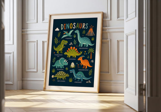 Colourful dinosaur nursery wall art featuring illustrated prehistoric animals on a dark navy background.