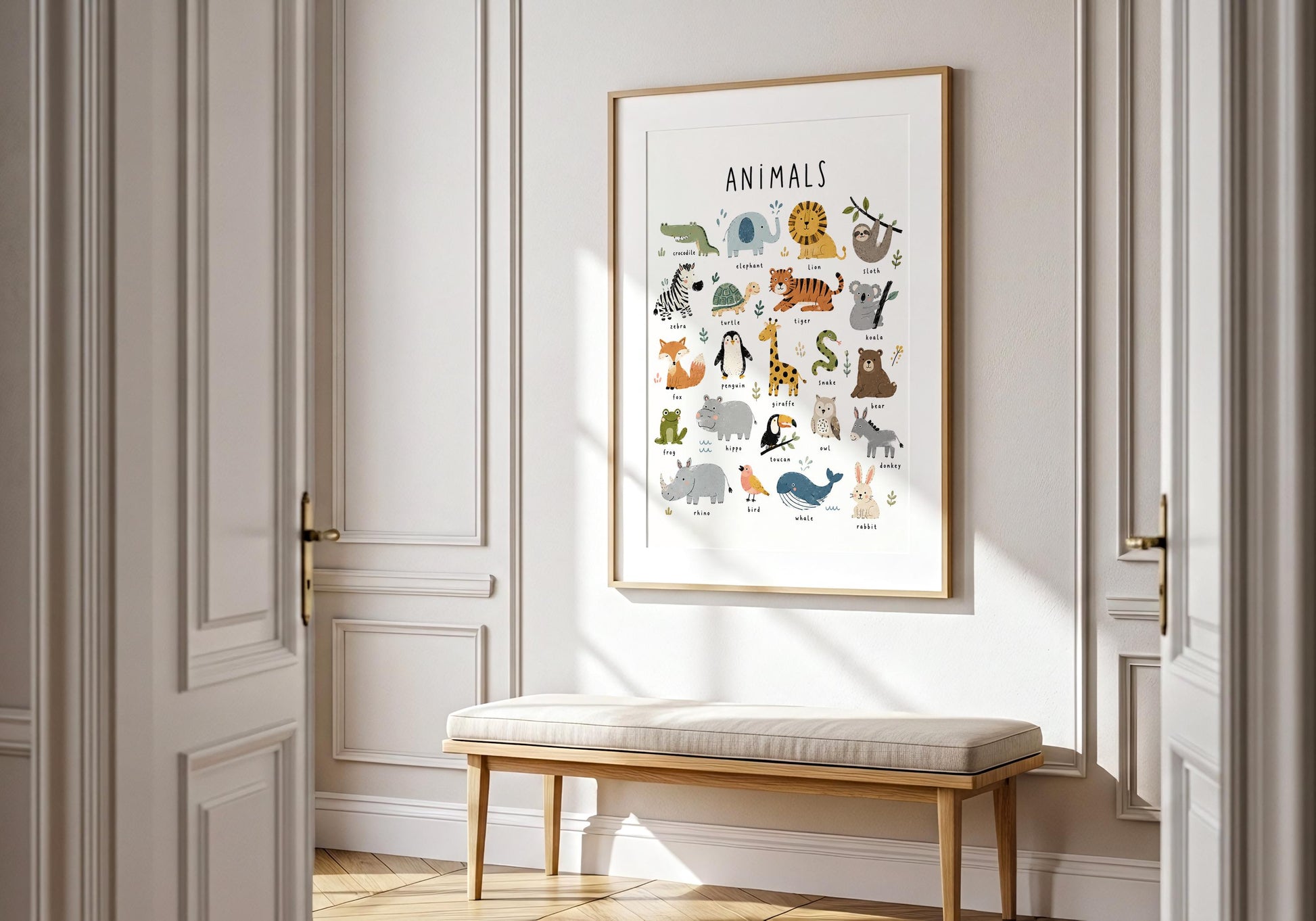 Neutral nursery animal art featuring playful illustrations in green, ochre, orange, blue and natural tones.
