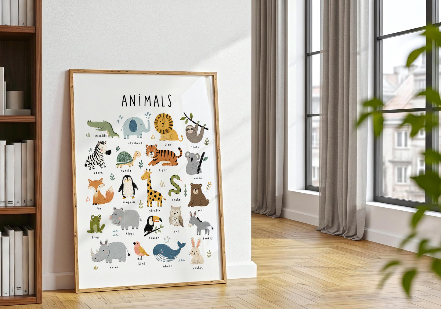 Children's learning poster with labelled safari, woodland, ocean and familiar animals in soft earthy colours.
