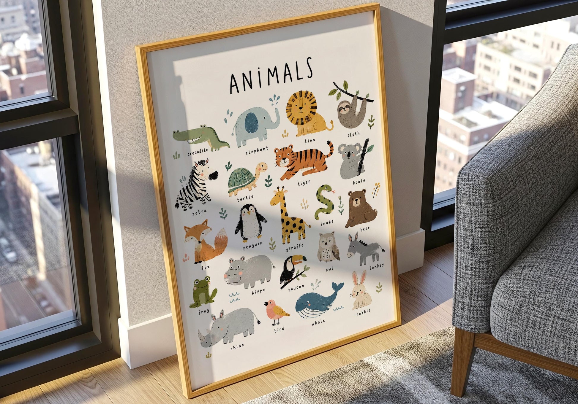 Toddler educational wall print showing illustrated animals including a crocodile, sloth, penguin, whale and rabbit.