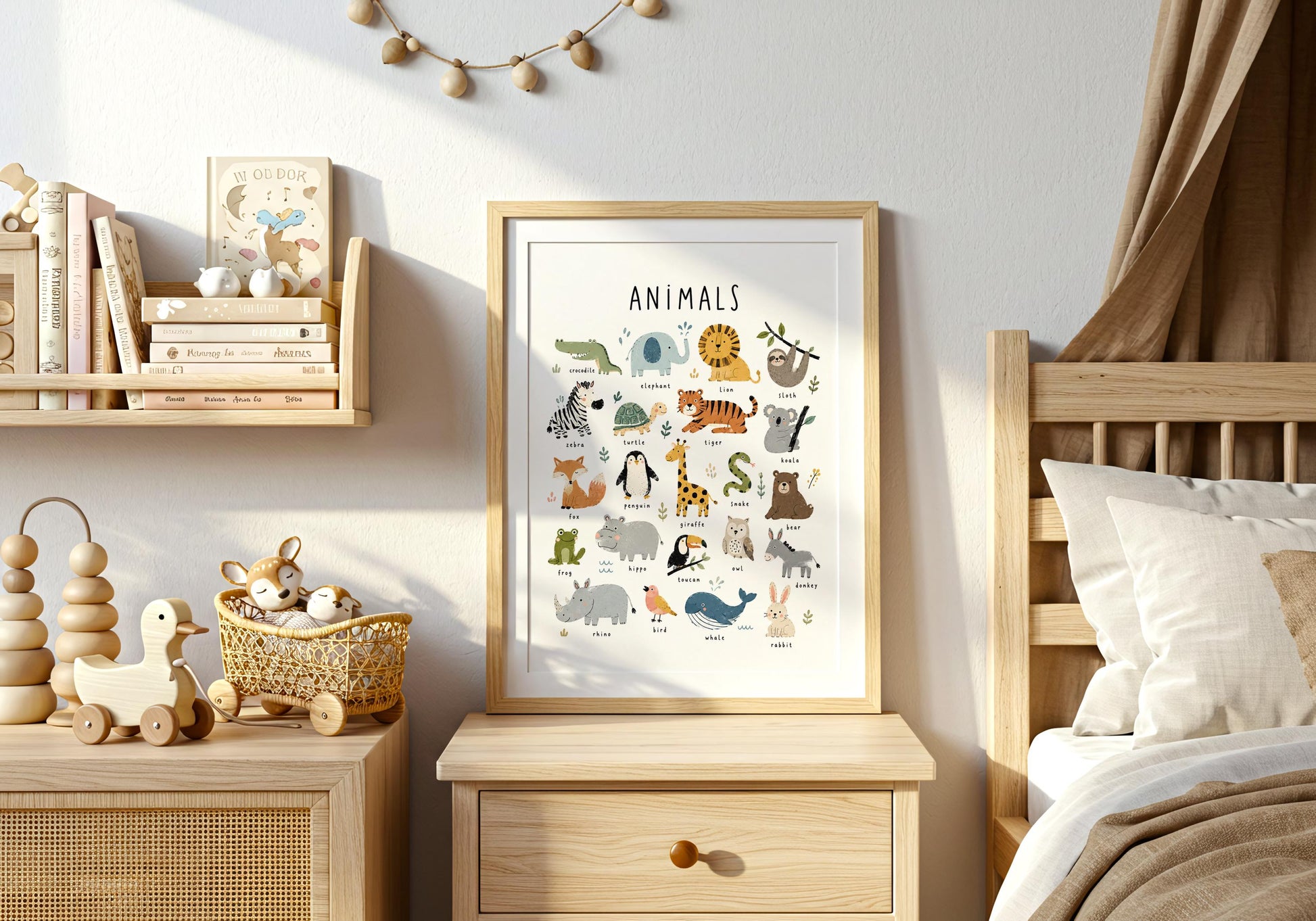 Playful animal wall art for a nursery, toddler bedroom, preschool space or children's playroom.