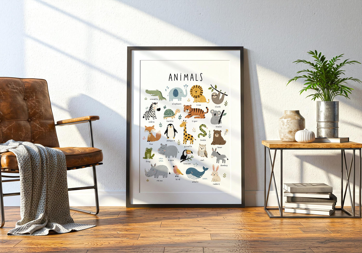 Colourful kids animal wall art featuring safari, woodland and ocean creatures in a soft hand-painted storybook style.