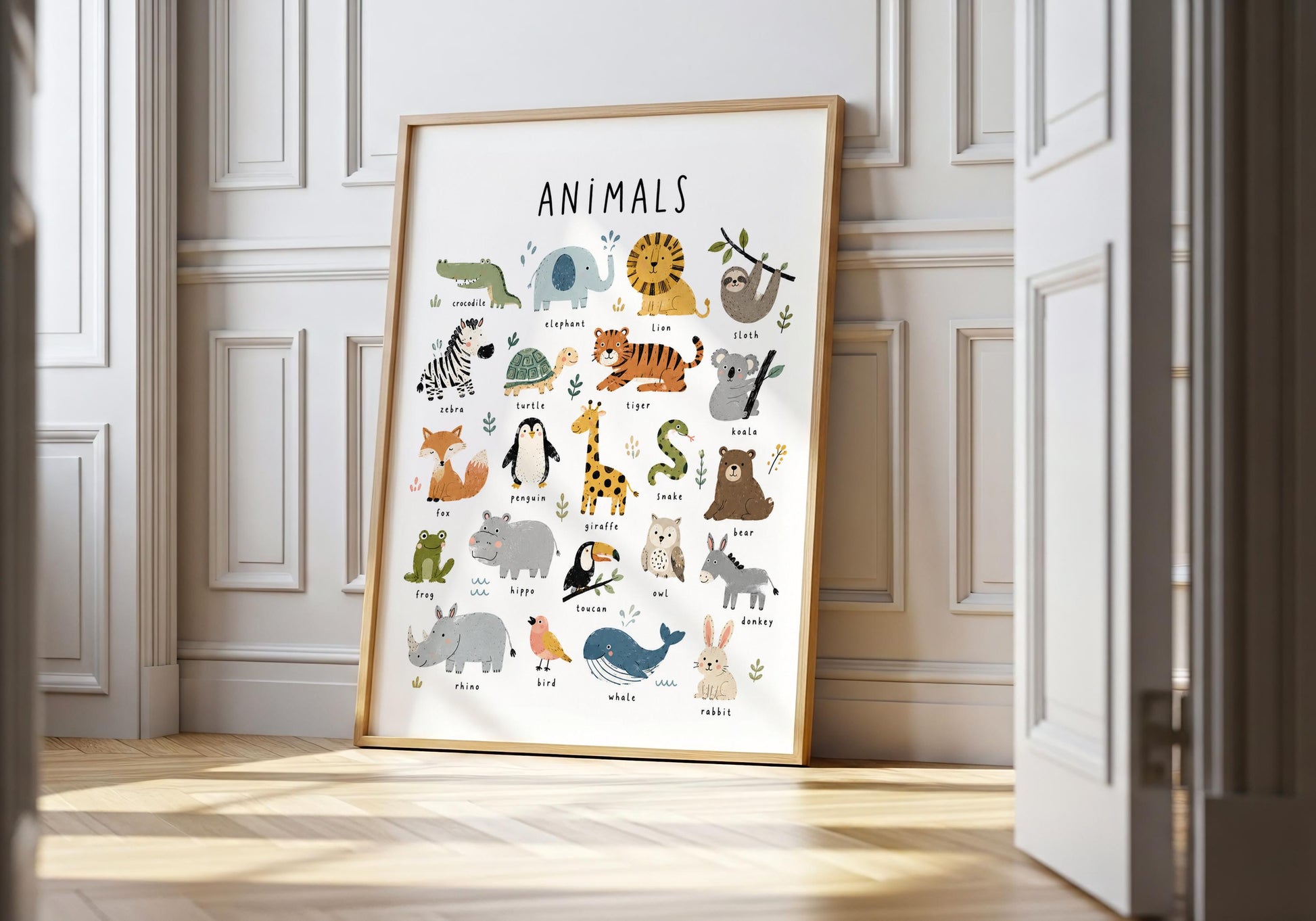 Educational animal nursery wall art featuring colourful hand-drawn animals with their names on a white background.