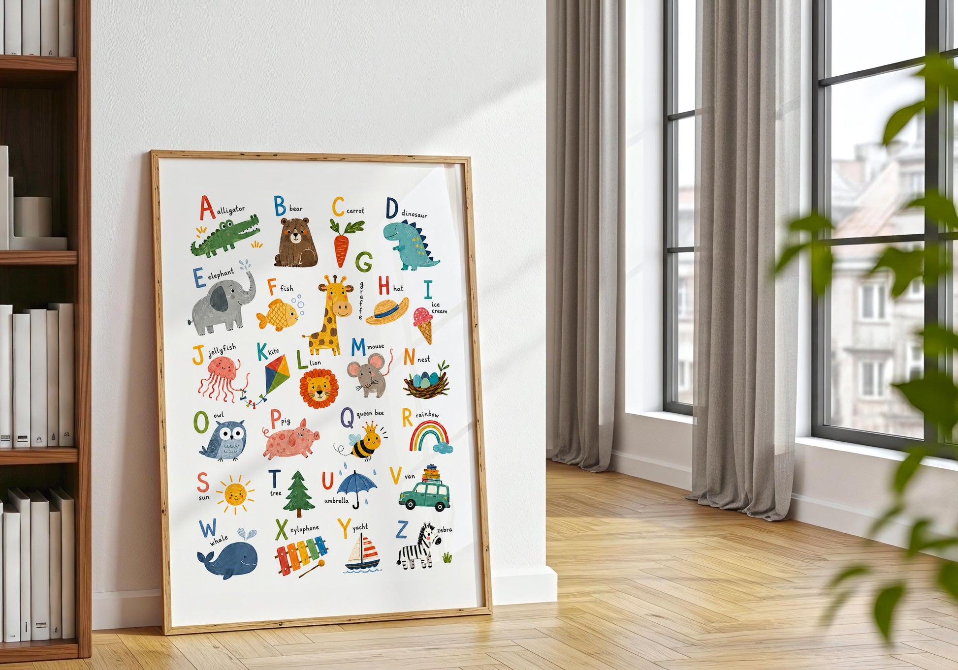 Educational alphabet print pairing each letter with a colourful picture and corresponding word for young children.