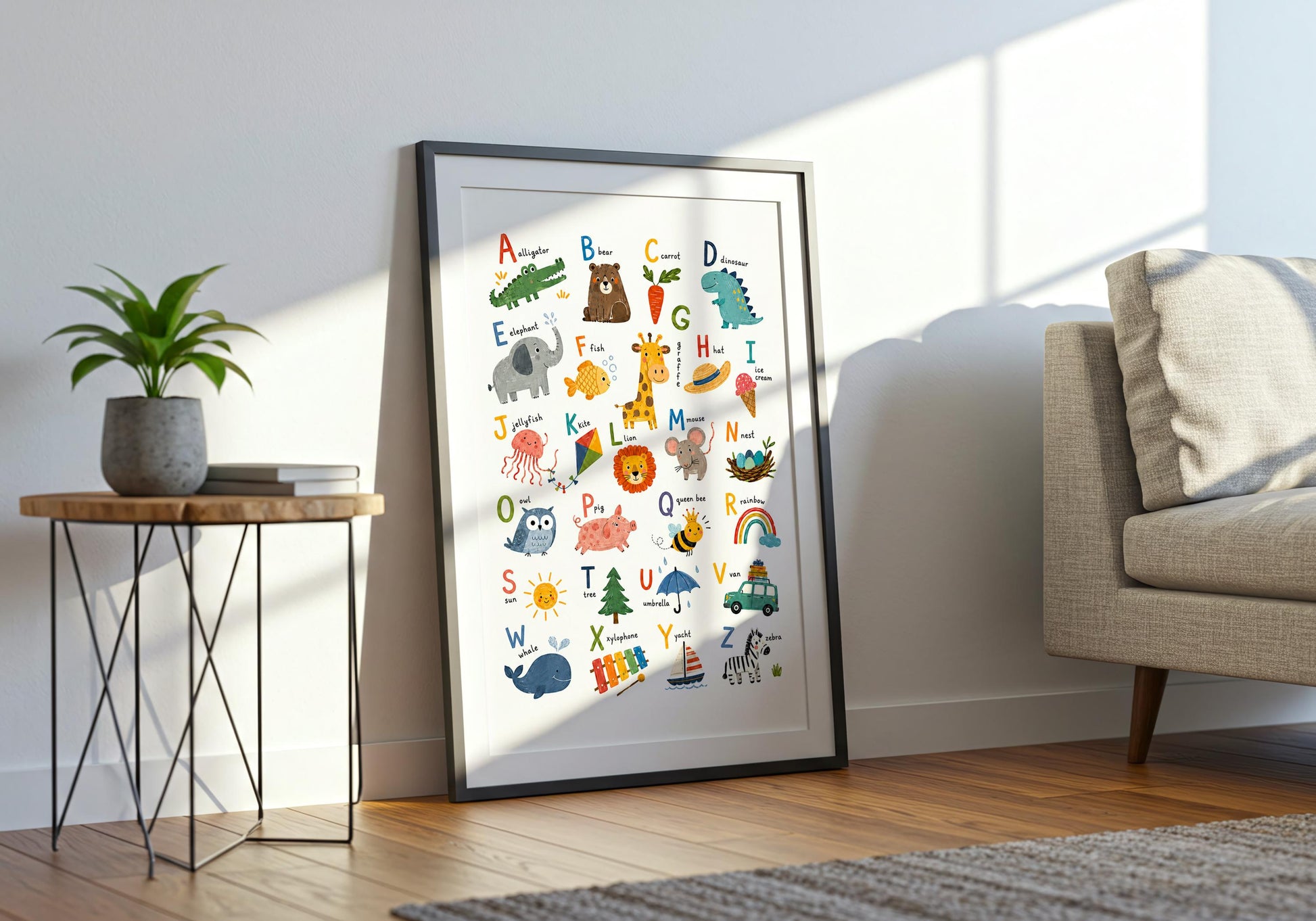 Educational kids room print featuring the complete alphabet alongside easy-to-recognise pictures and words.
