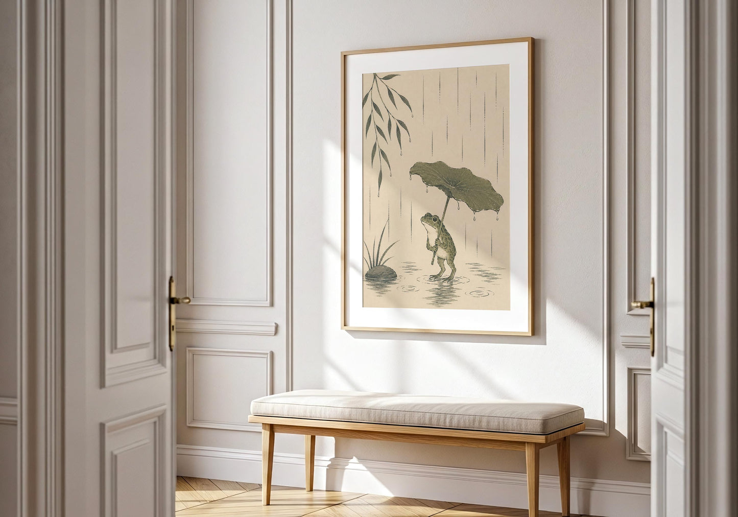 Whimsical frog illustration with botanical rain scene in soft neutral colours for cottagecore décor.