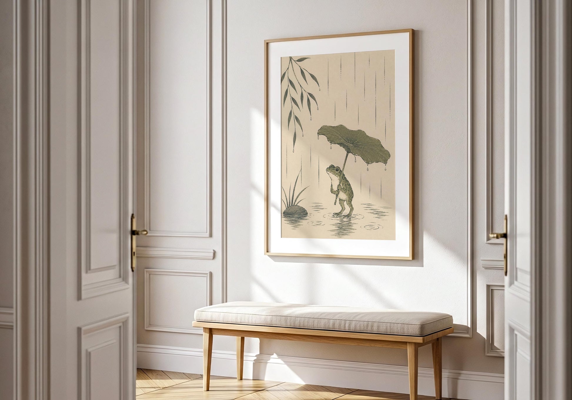 Whimsical frog illustration with botanical rain scene in soft neutral colours for cottagecore décor.