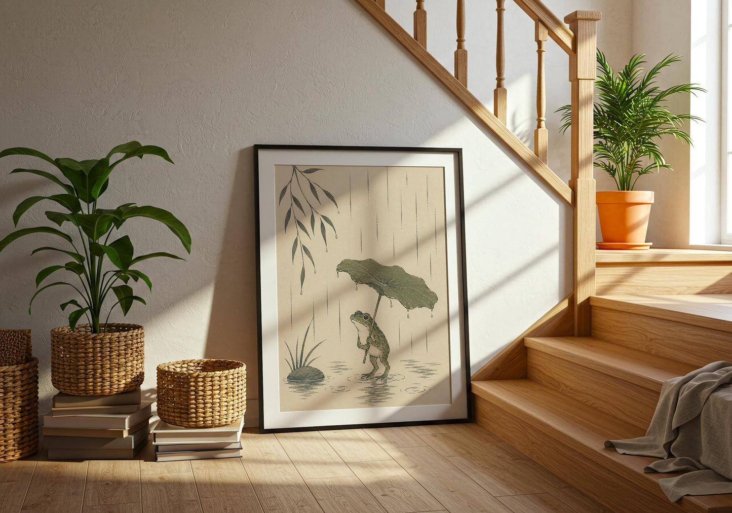 Japandi-inspired frog poster featuring soft earthy colours and peaceful rainy day scenery.
