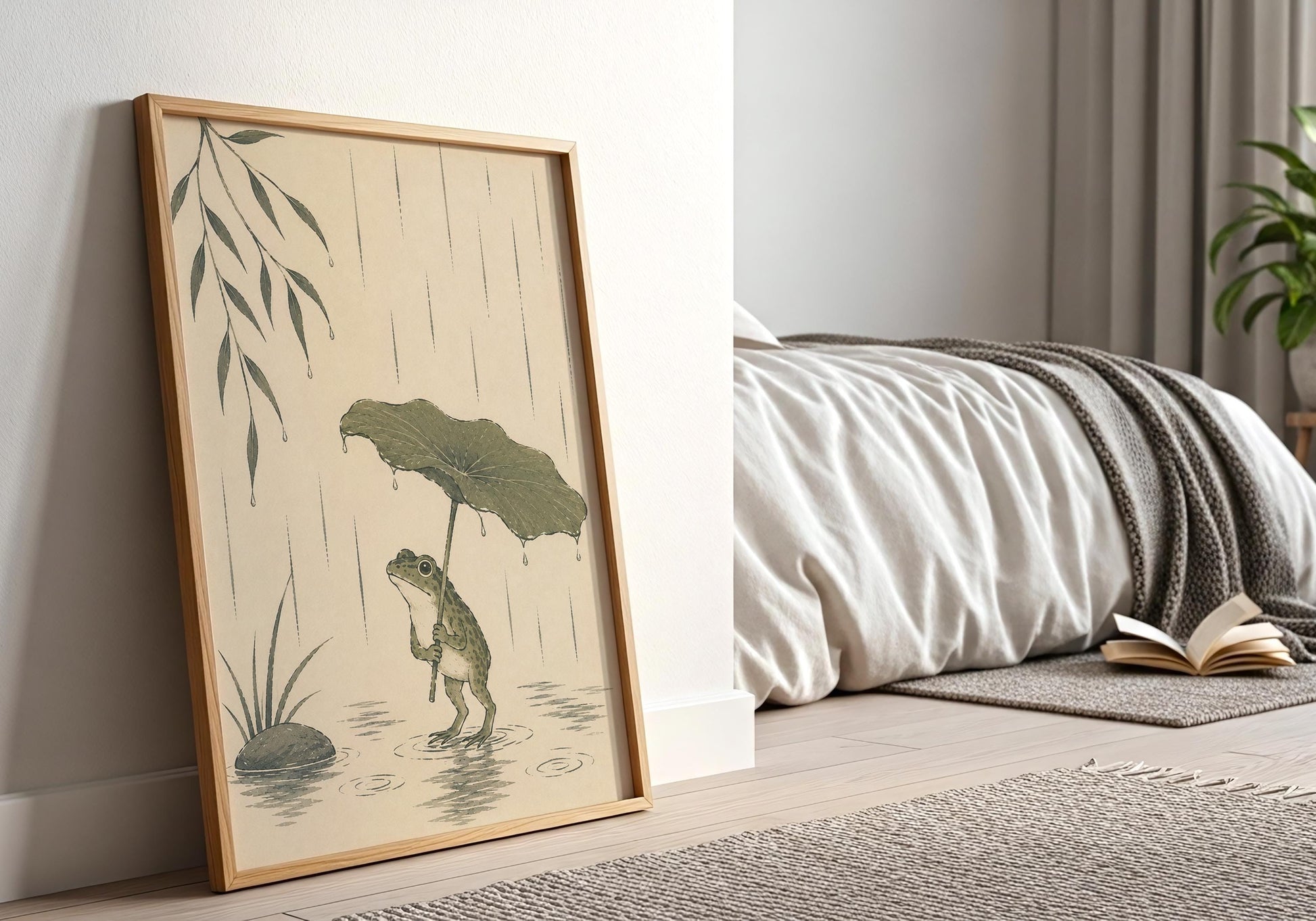Minimalist frog wall art perfect for nurseries, children's bedrooms and cosy living spaces.