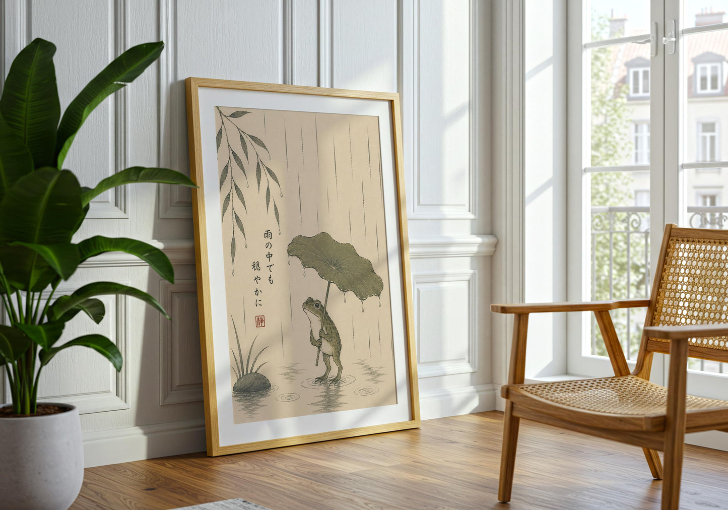 Calming Zen wall art featuring a lotus leaf umbrella, frog illustration and Japanese philosophy.