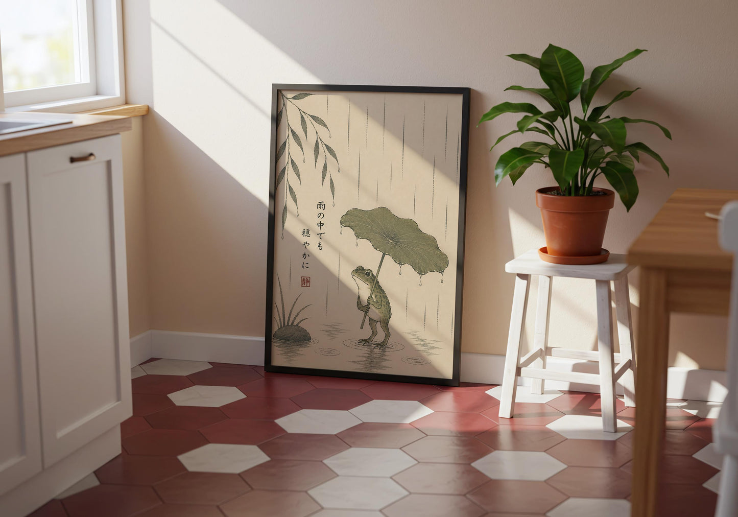 Meditation room artwork with Japanese quote encouraging calm during difficult times.