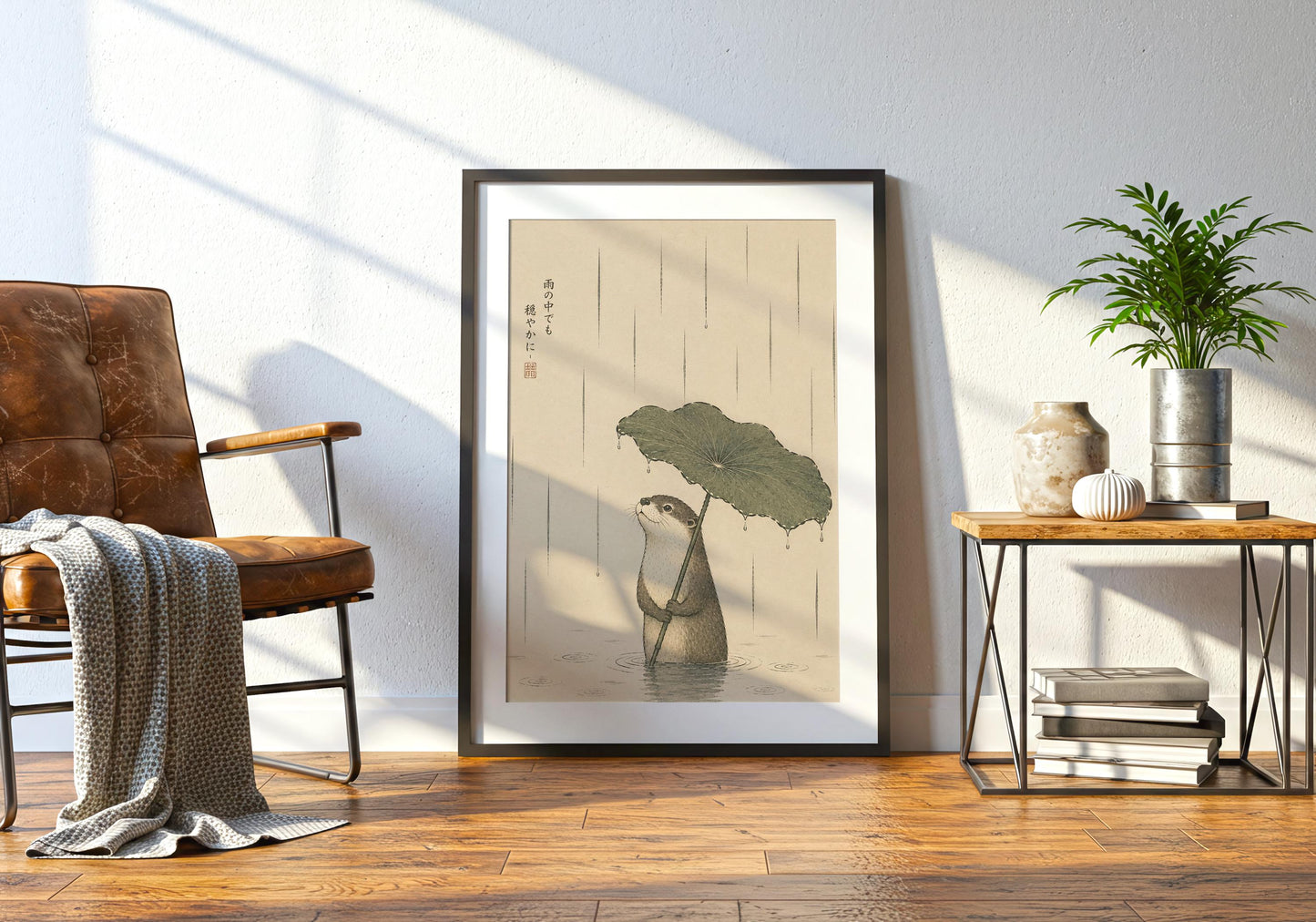 Mindfulness wall décor with an otter illustration and meaningful Japanese inspirational quote.