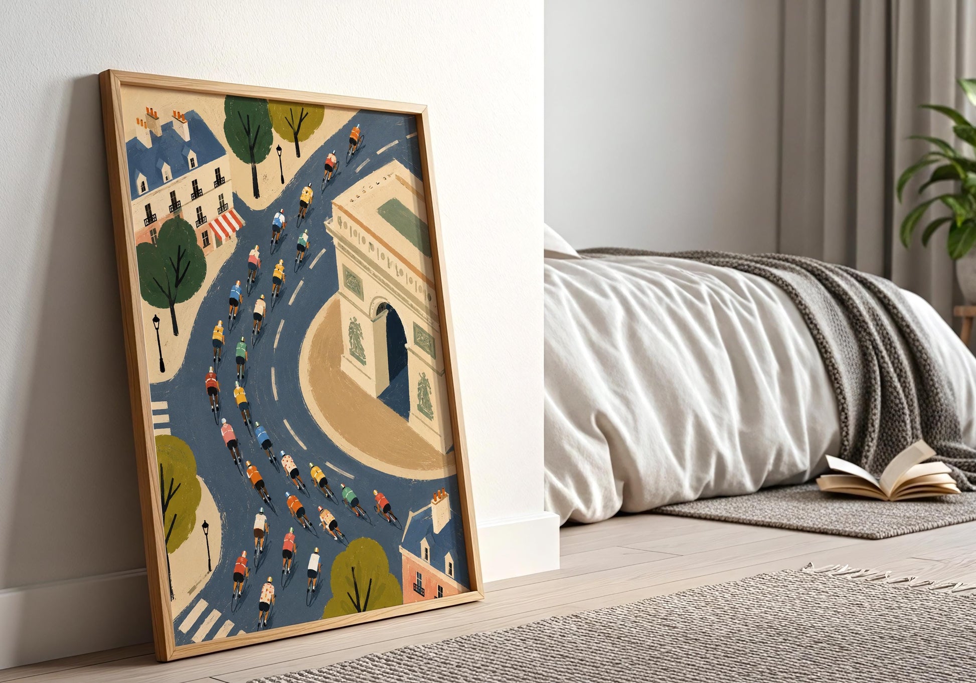 French cityscape wall art featuring the Arc de Triomphe and colourful bicycle race.