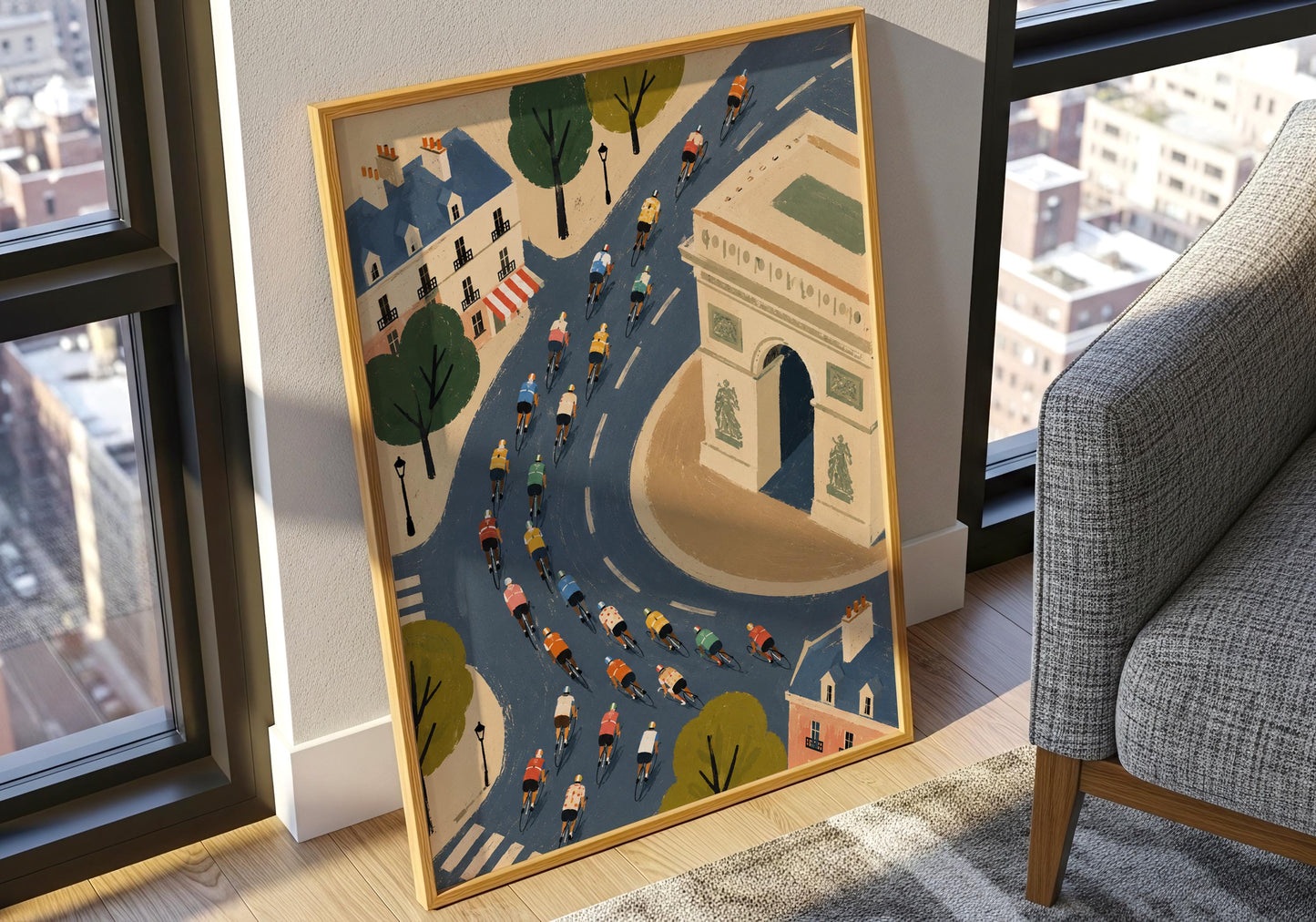 French cycling wall décor with illustrated Paris streets and iconic landmarks.