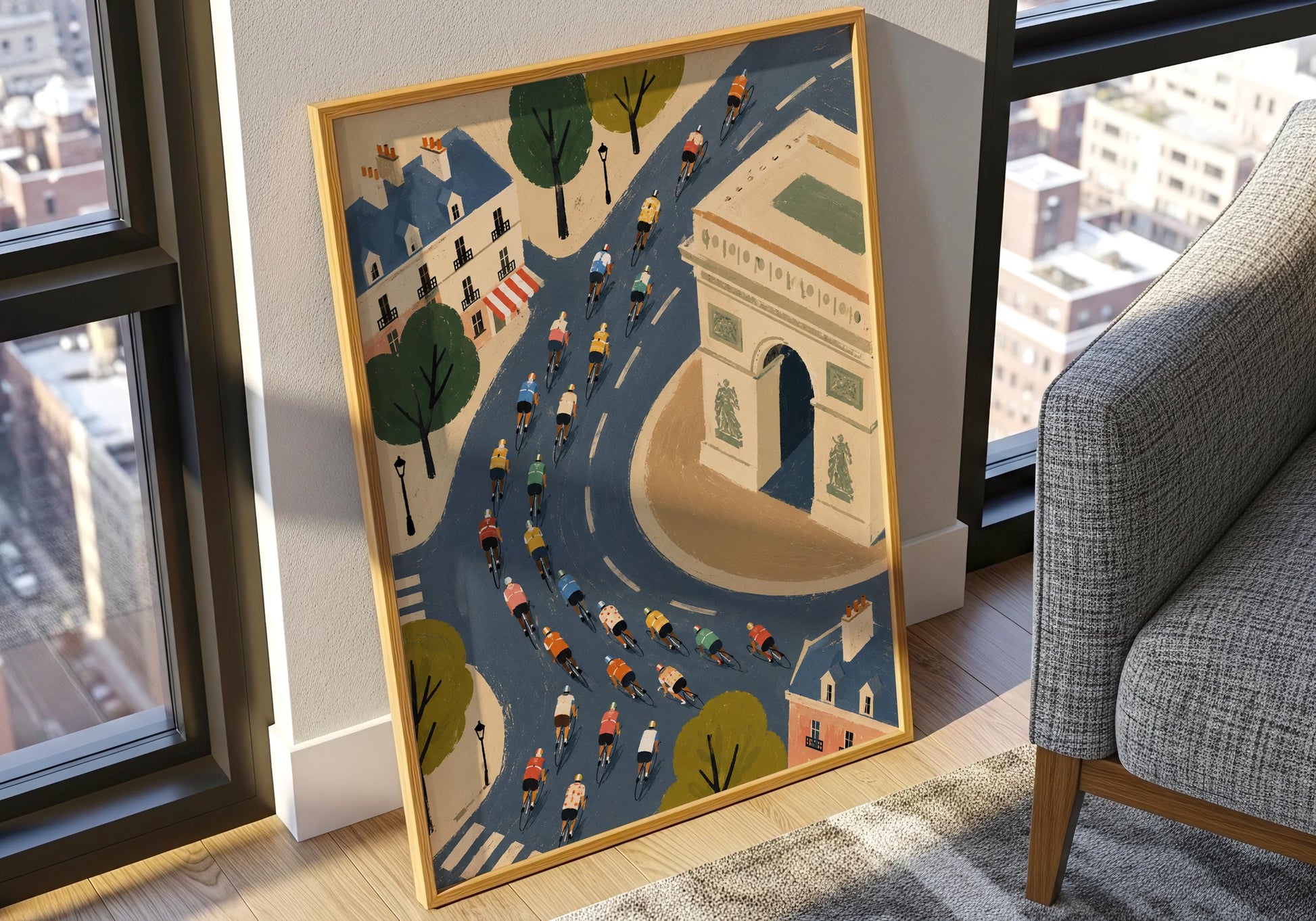 French cycling wall décor with illustrated Paris streets and iconic landmarks.