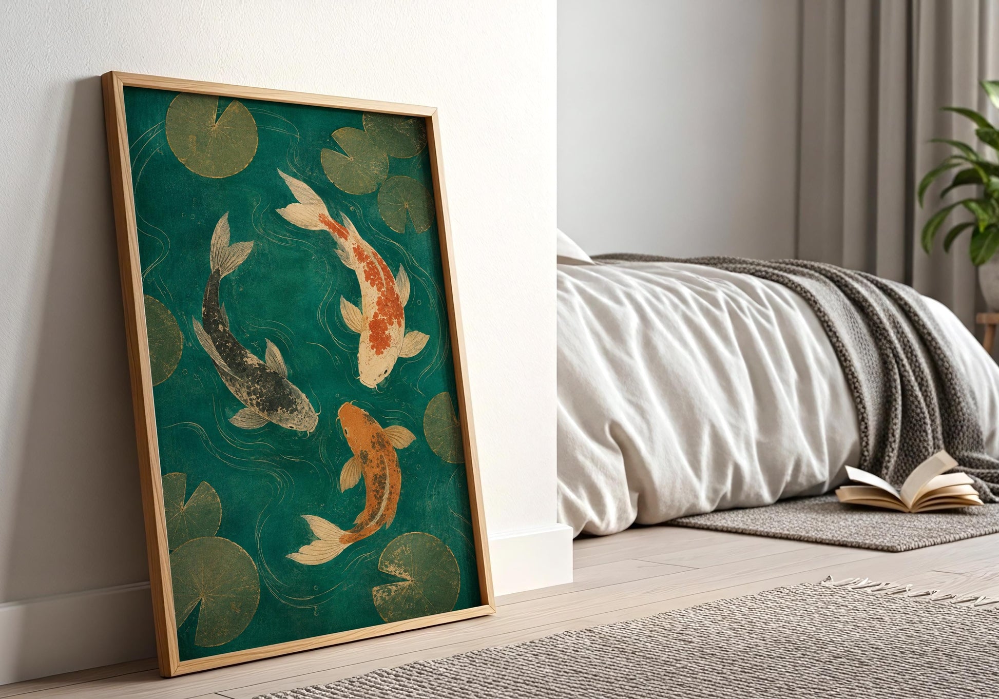 Elegant koi pond print inspired by Japanese art with calming water and botanical details.