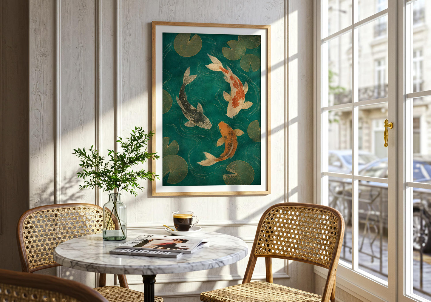 Japandi wall décor featuring three koi fish and textured teal water illustration.