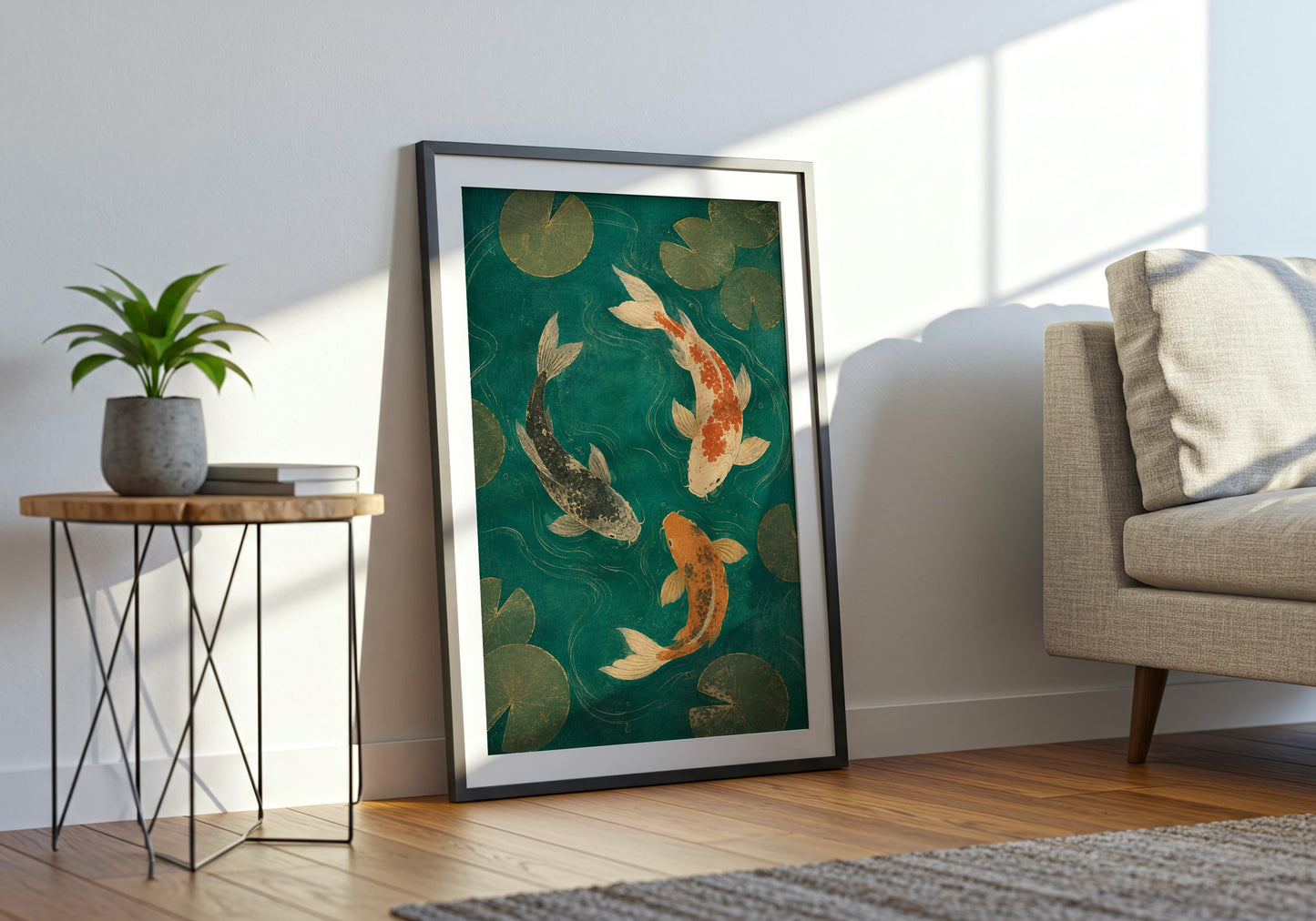 Nature-inspired koi pond artwork with rich teal colours and traditional Japanese influence.