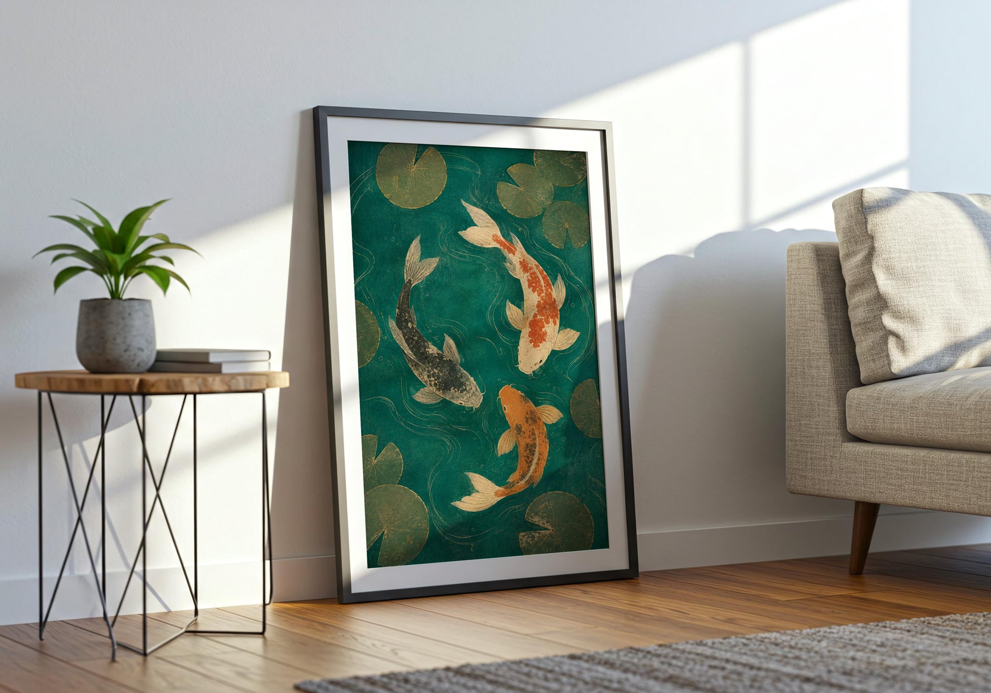 Nature-inspired koi pond artwork with rich teal colours and traditional Japanese influence.