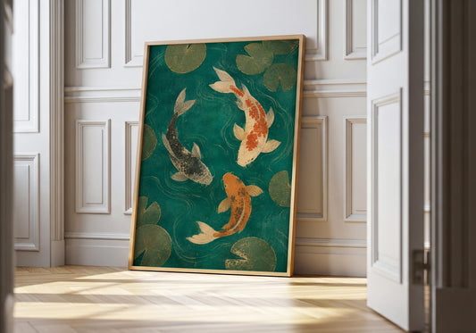 Japanese koi fish wall art featuring three koi swimming beneath floating lily pads in a tranquil teal pond.