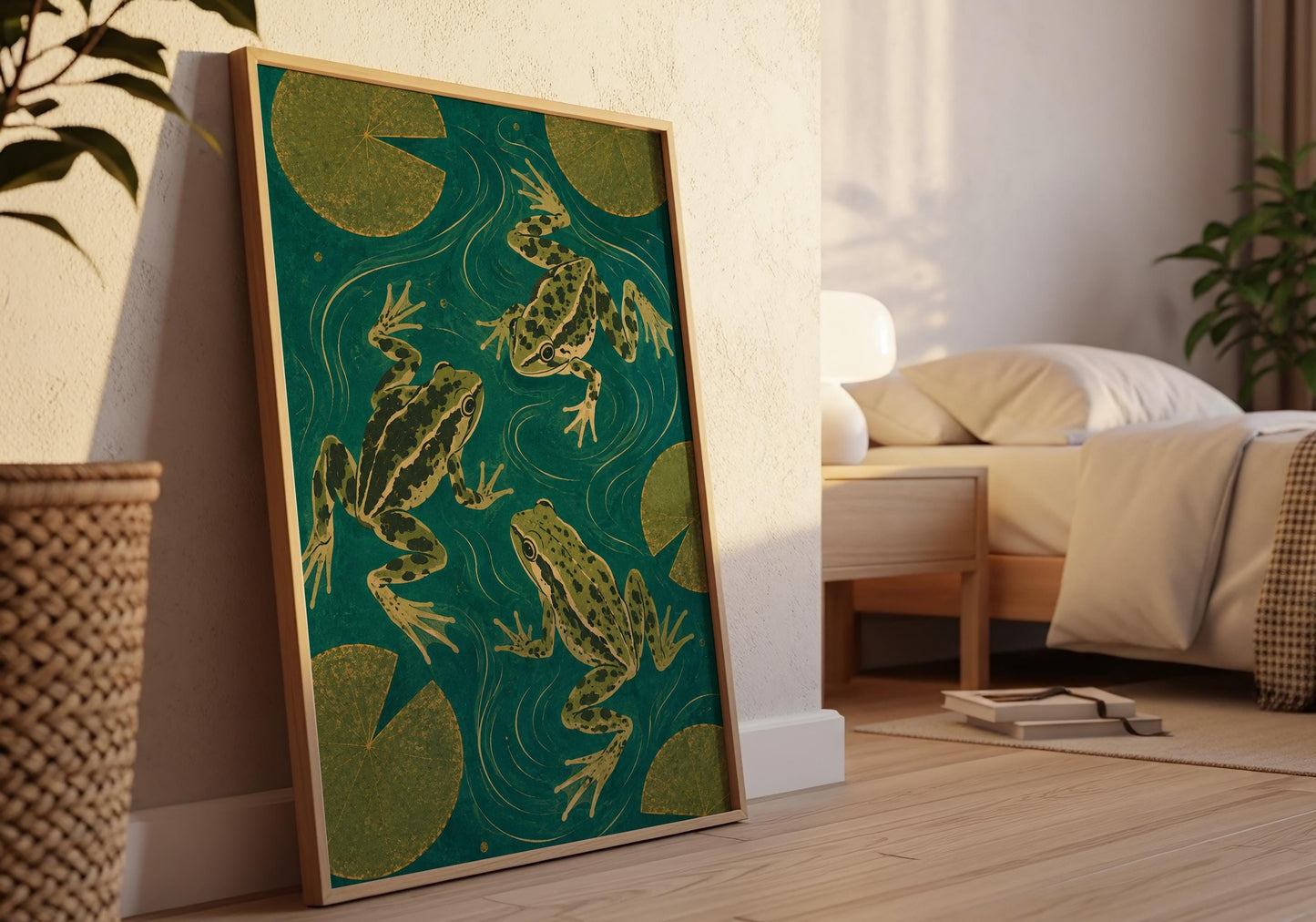 Nature-inspired frog wall décor with lily pads and calming botanical colours.