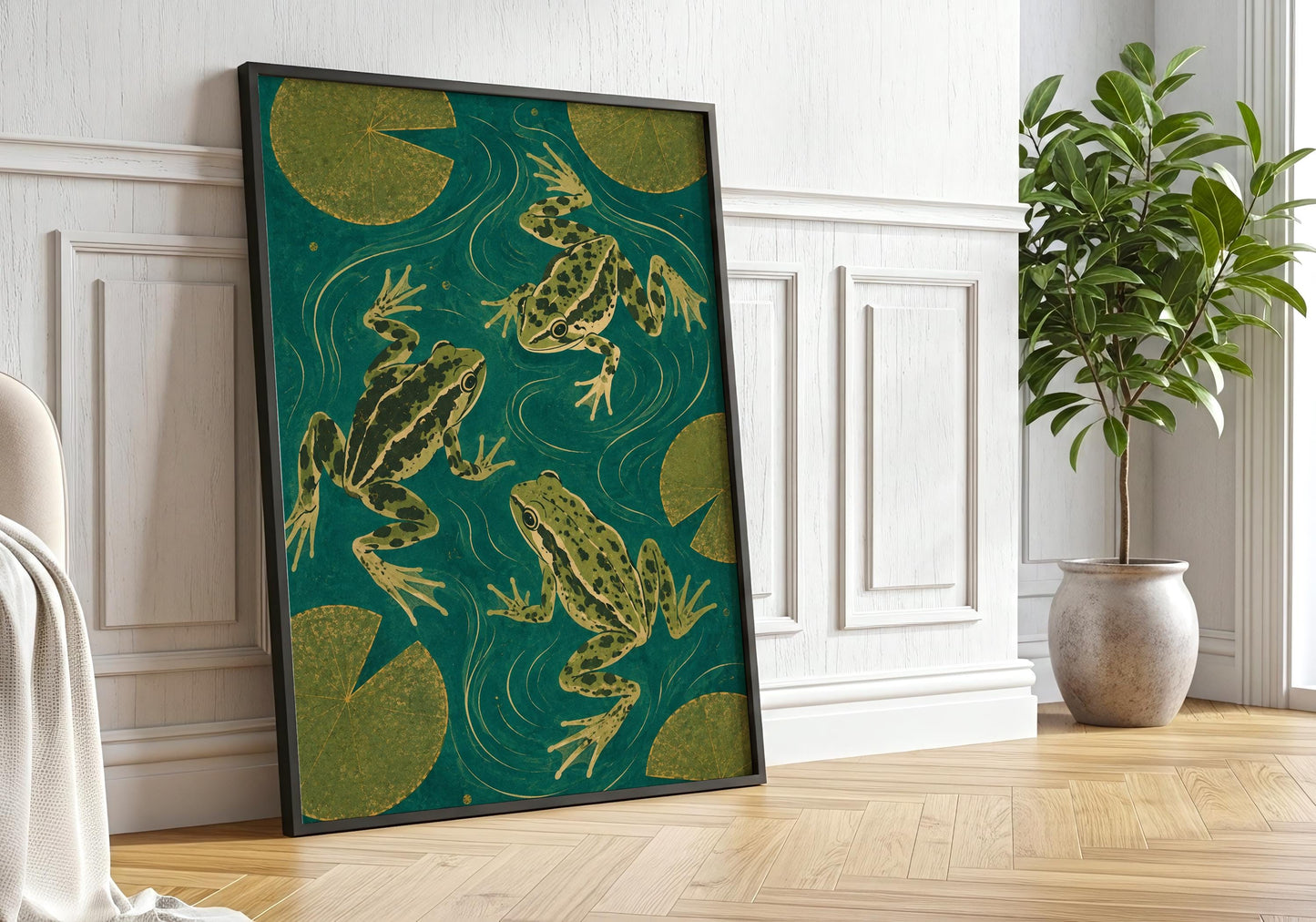 Cottagecore frog print with detailed woodland frogs and flowing water illustration.