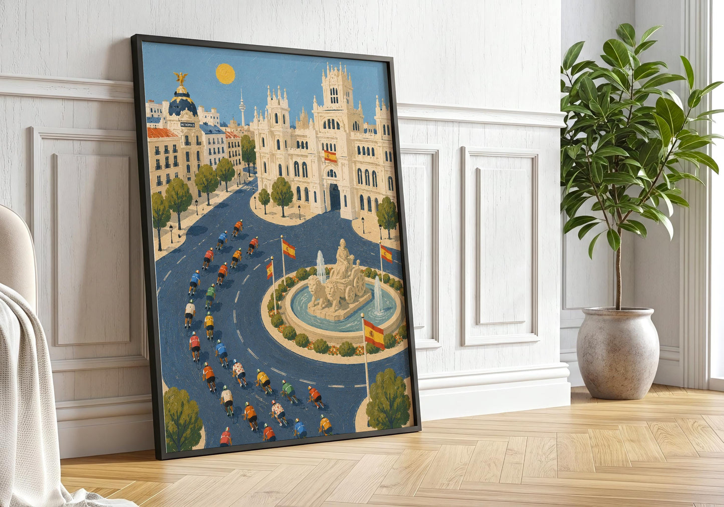 European cityscape wall art inspired by Madrid and professional cycling races.