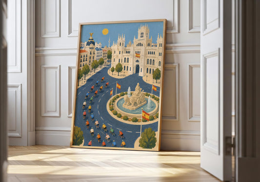 Madrid cycling race print featuring cyclists riding around Plaza de Cibeles and the famous fountain.