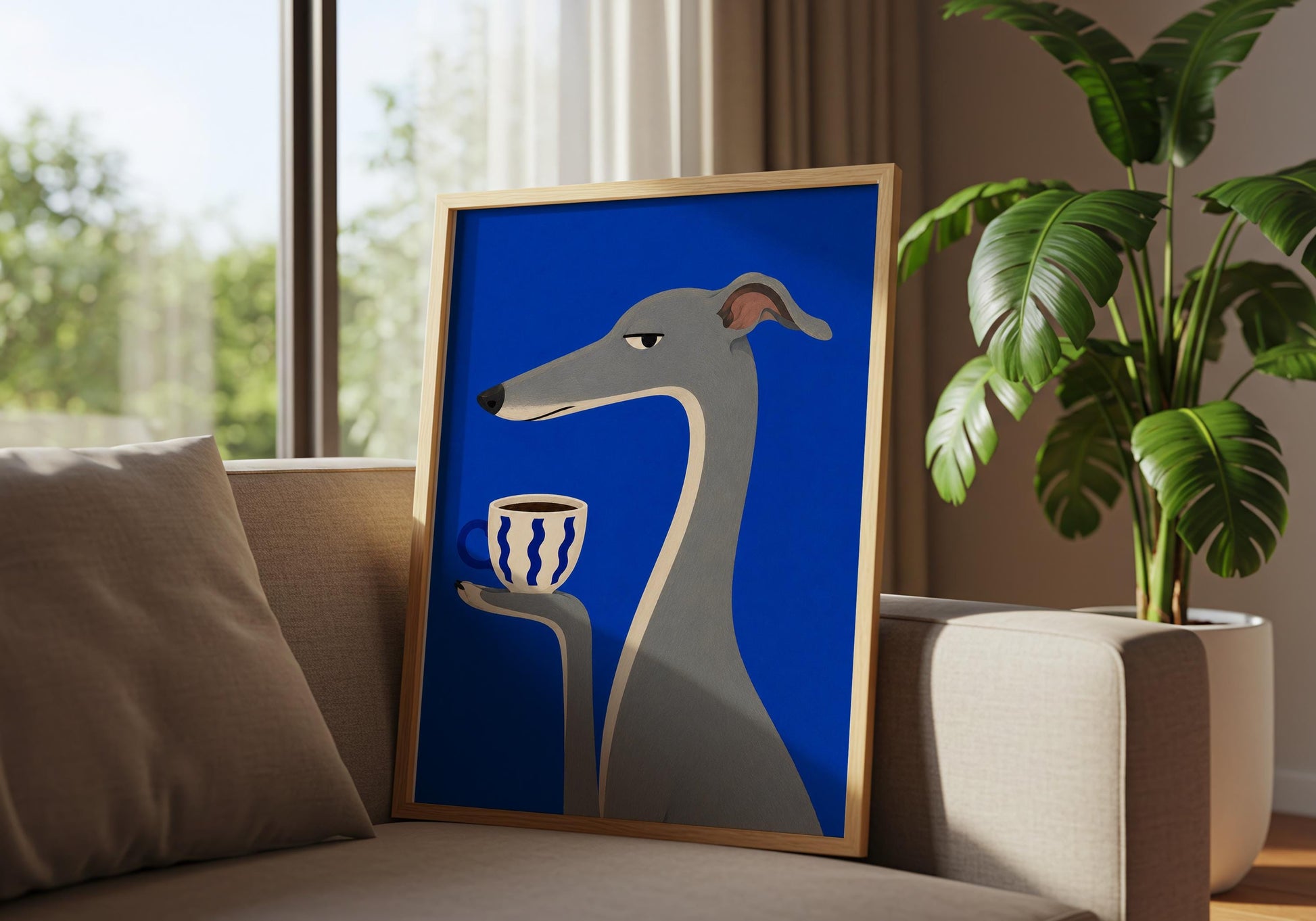 Minimalist Whippet wall art featuring a stylish dog enjoying a morning coffee.