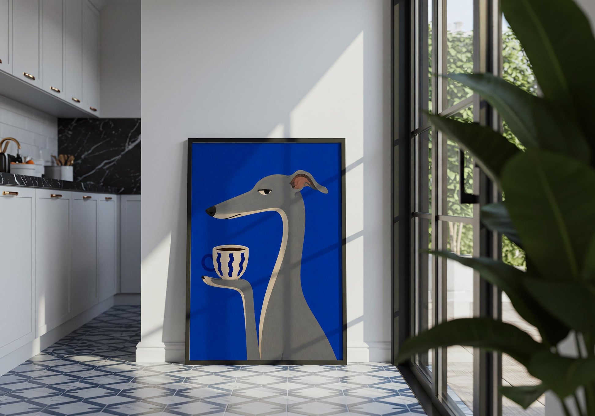 Modern pet artwork featuring an elegant Greyhound with a patterned coffee mug.