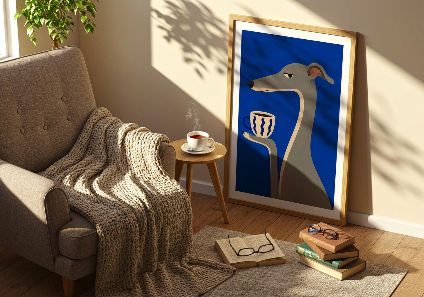 Playful Italian Greyhound illustration with bold blue colours and modern design.