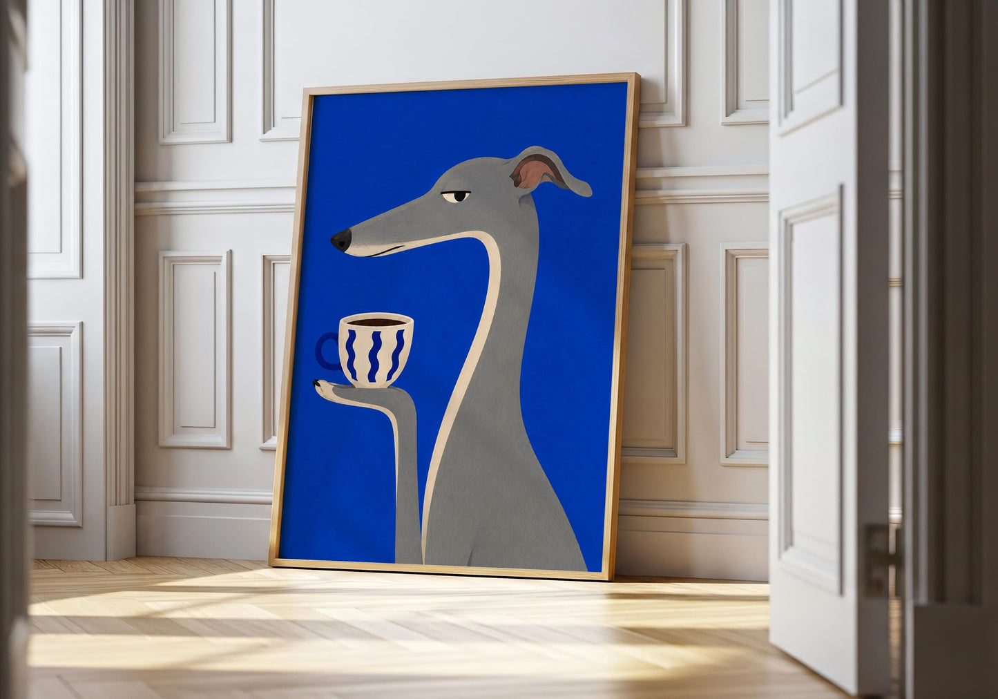 Italian Greyhound art print holding a blue coffee mug against a bold blue background.