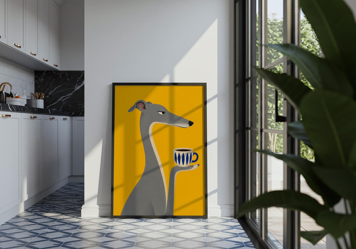 Minimalist kitchen print with bold yellow background and coffee cup.