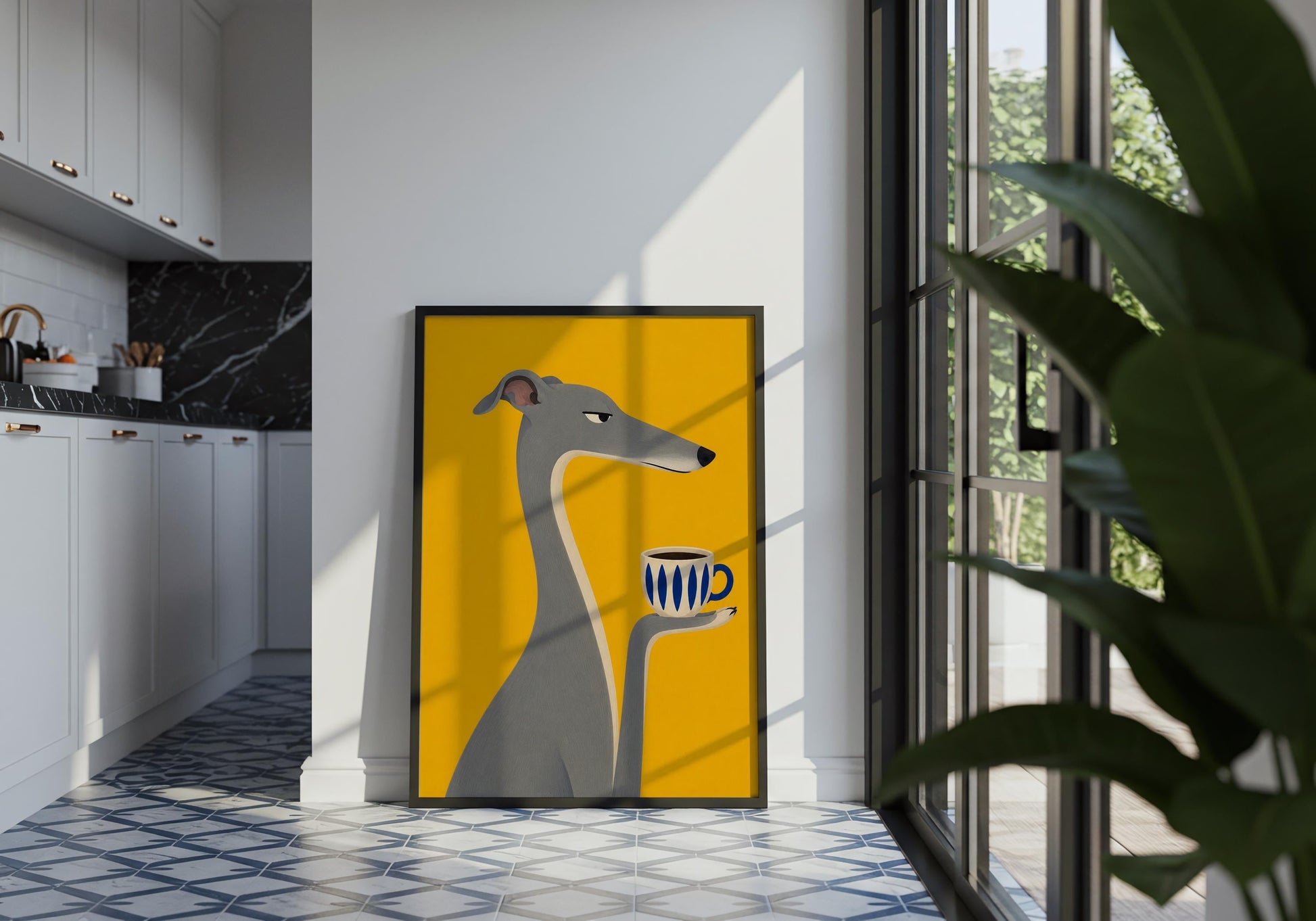 Minimalist kitchen print with bold yellow background and coffee cup.